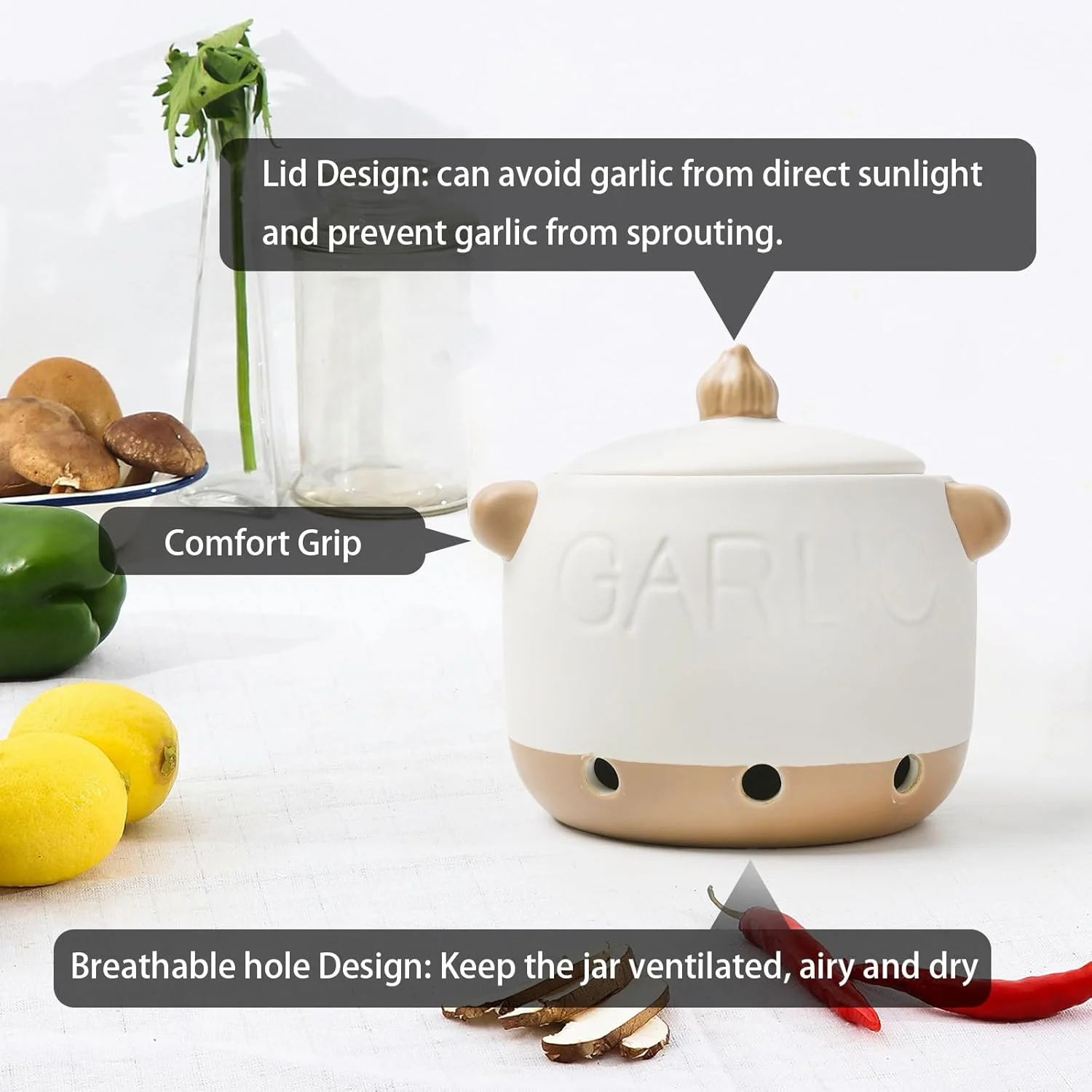 Kelivi Ceramic Garlic Holder, 30 oz Capacity Storage Container, Onions, Ginger, Potato Storage Box, Kitchen Table Storage Box, Ventilation Design Storage (White)