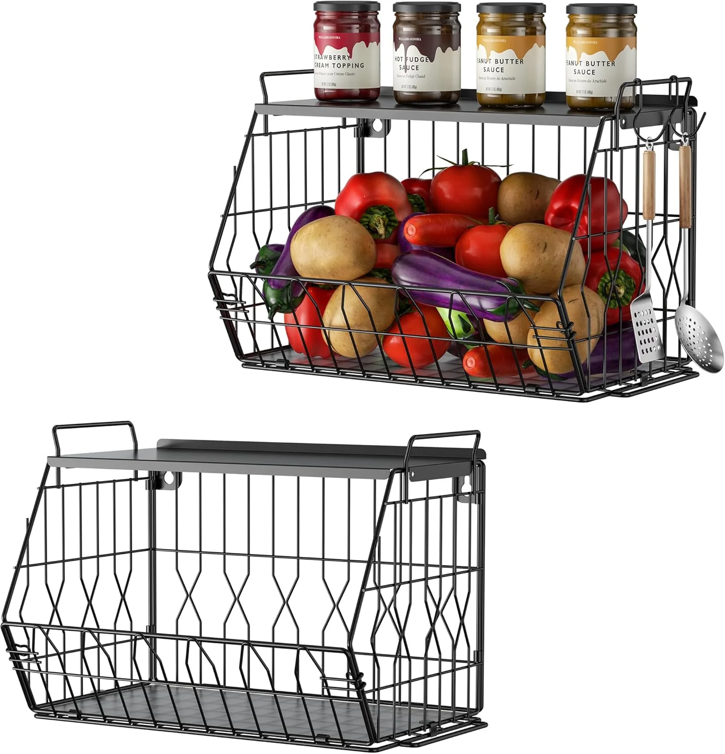 کاسه میوه Ezprotekt، سبد میوه قابل انباشته شدن با درب فلزی، سبد میوه برای پیشخوان آشپزخانه و نصب روی دیوار، سازمان دهنده میوه، سبزیجات، سیب زمینی، پیاز، نان و تنقلات انباری، مشکی