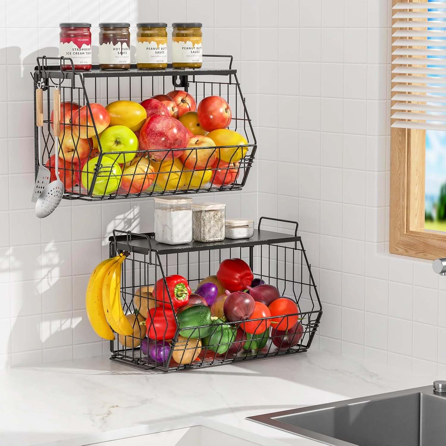 کاسه میوه Ezprotekt، سبد میوه قابل انباشته شدن با درب فلزی، سبد میوه برای پیشخوان آشپزخانه و نصب روی دیوار، سازمان دهنده میوه، سبزیجات، سیب زمینی، پیاز، نان و تنقلات انباری، مشکی