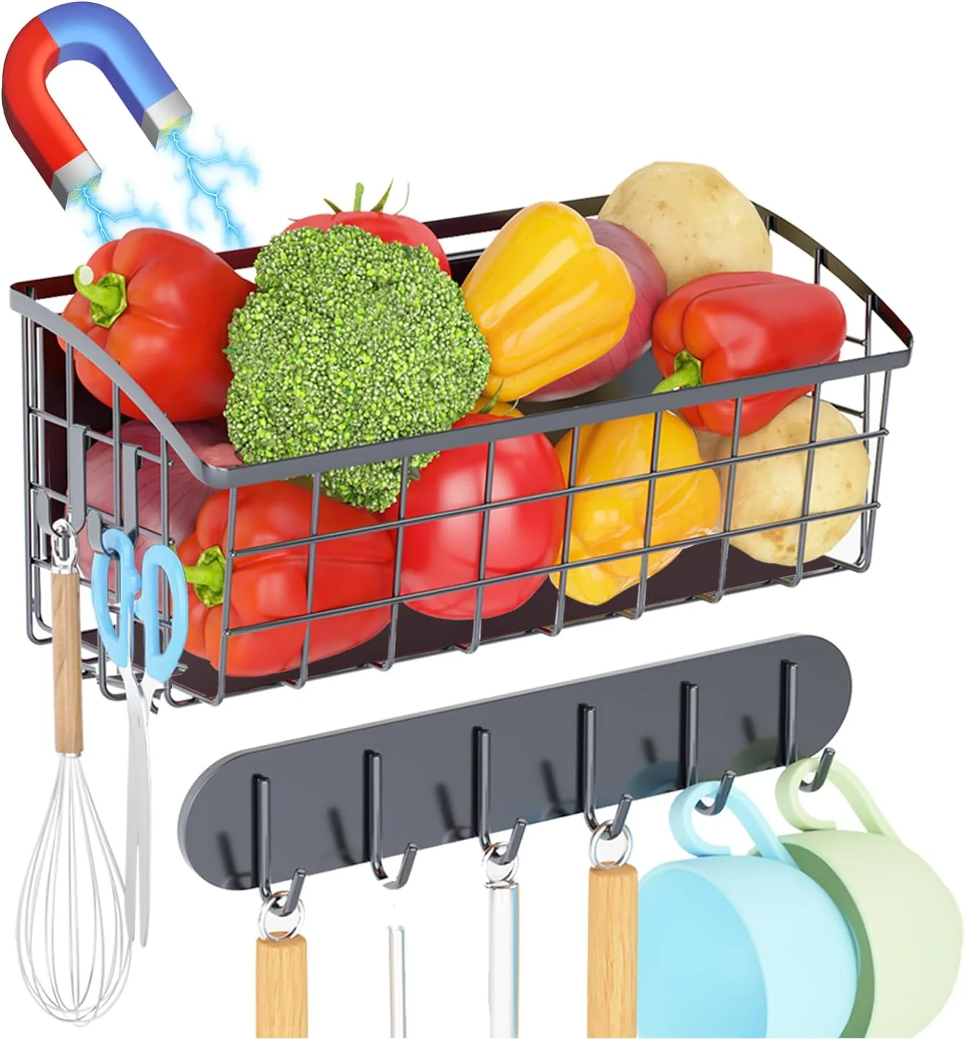 یک عدد قفسه مغناطیسی یخچال، با 2 قلاب متحرک و 1 قفسه قلاب دار، قفسه مغناطیسی یخچال، قفسه های نگهداری سیب زمینی پیاز میوه، سازمان دهنده بزرگ قفسه ادویه مغناطیسی برای یخچال، اجاق گاز، لباسشویی