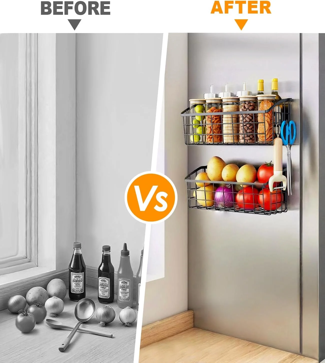 یک عدد قفسه مغناطیسی یخچال، با 2 قلاب متحرک و 1 قفسه قلاب دار، قفسه مغناطیسی یخچال، قفسه های نگهداری سیب زمینی پیاز میوه، سازمان دهنده بزرگ قفسه ادویه مغناطیسی برای یخچال، اجاق گاز، لباسشویی