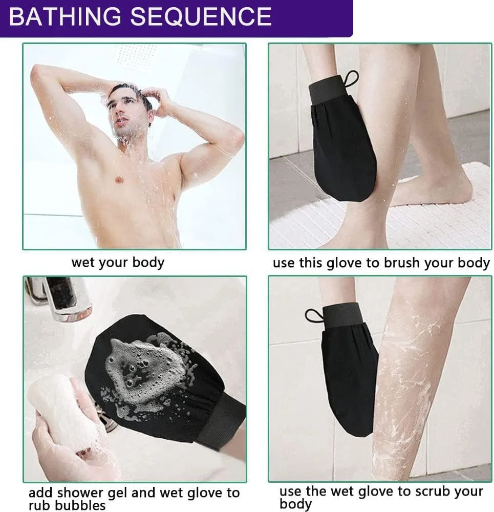 دستکش لایه بردار مشکی دو عددی به همراه آویز – پاکسازی عمیق منافذ، احیای پوست و دستکش های اسپا سازگار با محیط زیست برای آقایان و بانوان