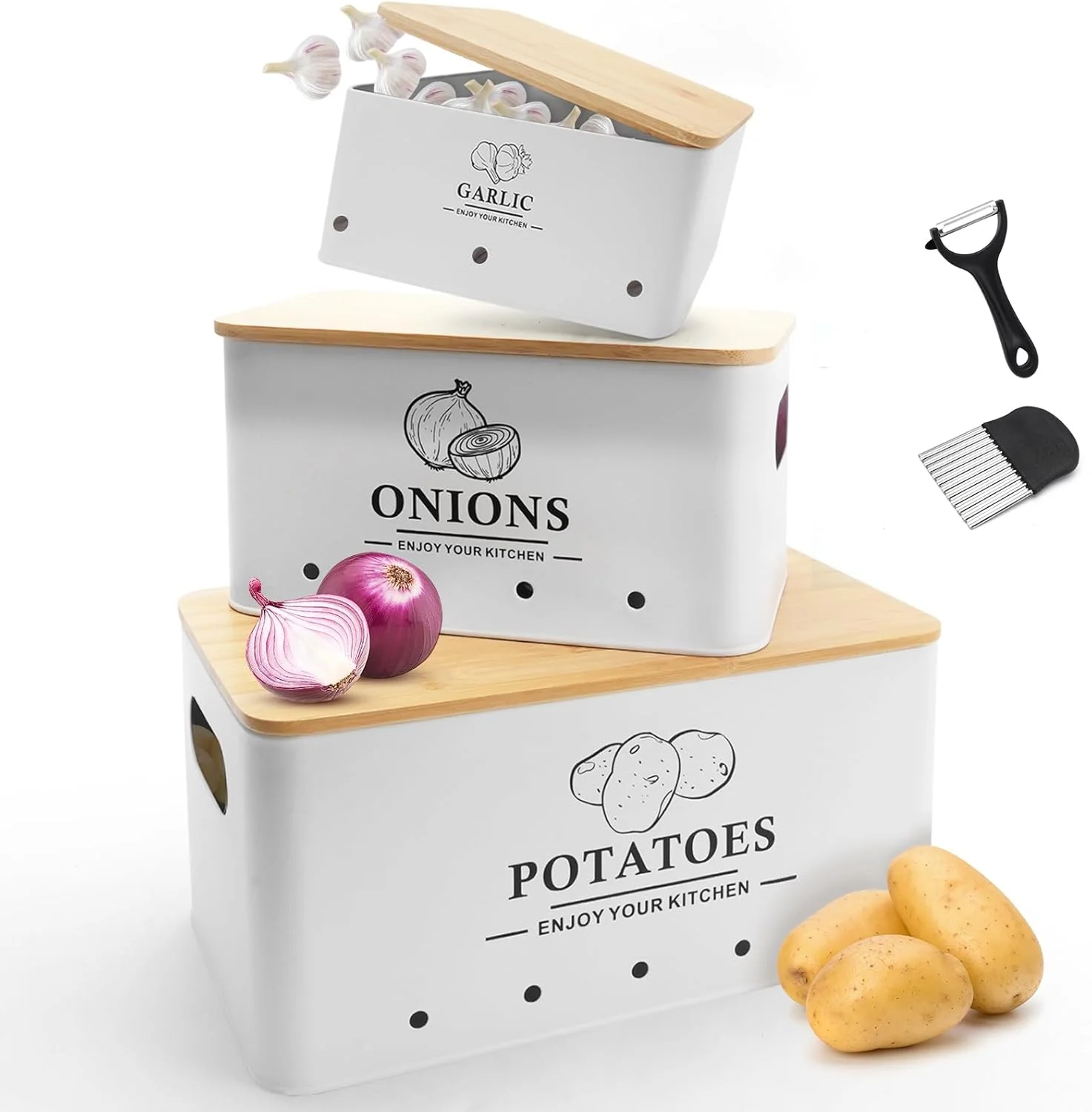ست ۳ تایی ظروف فلزی ذخیره سازی سبزیجات آشپزخانه Dekosilave، ظروف نگهداری پیاز، سیر و سیب زمینی، ظروف نگهدارنده سبزیجات با سوراخ های تهویه و درب چوبی (سفید)