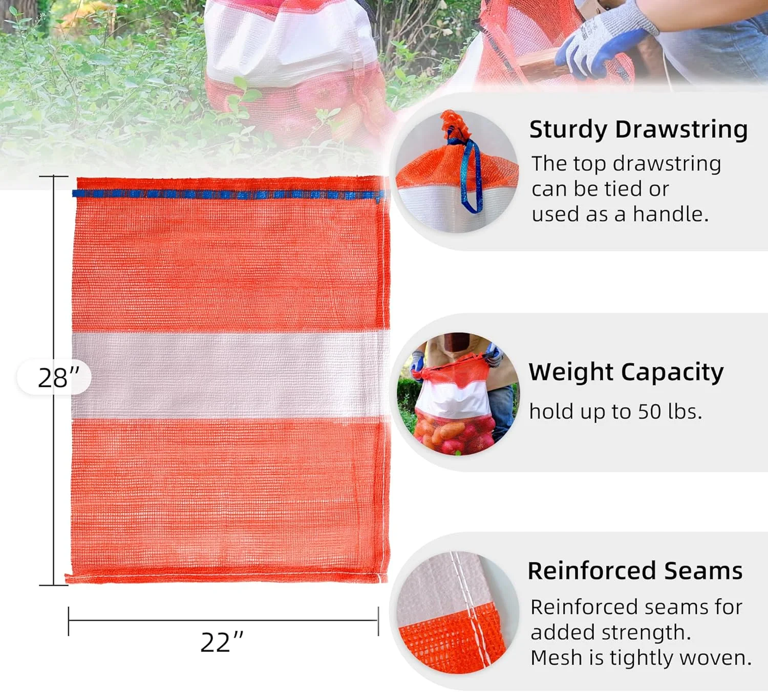 کیسه های توری هیزم deebree، 56 × 71 سانتی متر، کیسه های هیزم برای فروش، کیسه های پیاز ذخیره سازی مزرعه، کیسه های توری تنفسی برای نگهداری سیب زمینی، کیسه های توری برای هیزم سبزیجات باغ، بسته 10 عددی