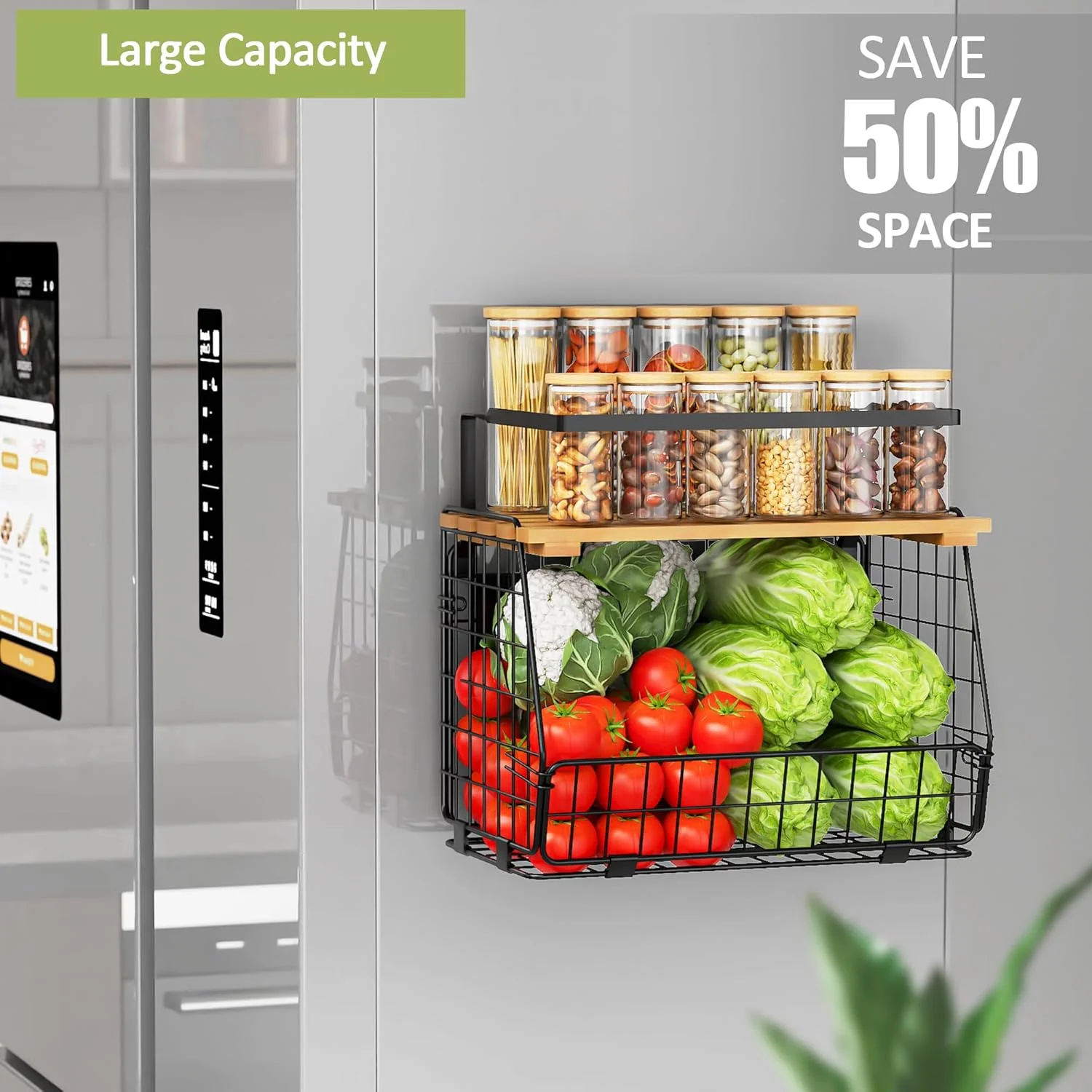 قفسه مغناطیسی یخچال GGIU با درب چوبی: بسته 2 عددی سبد ذخیره سازی میوه، سیب زمینی و پیاز - قفسه ادویه مغناطیسی برای یخچال و پیشخوان آشپزخانه - سازمان دهنده و محل نگهداری مواد غذایی