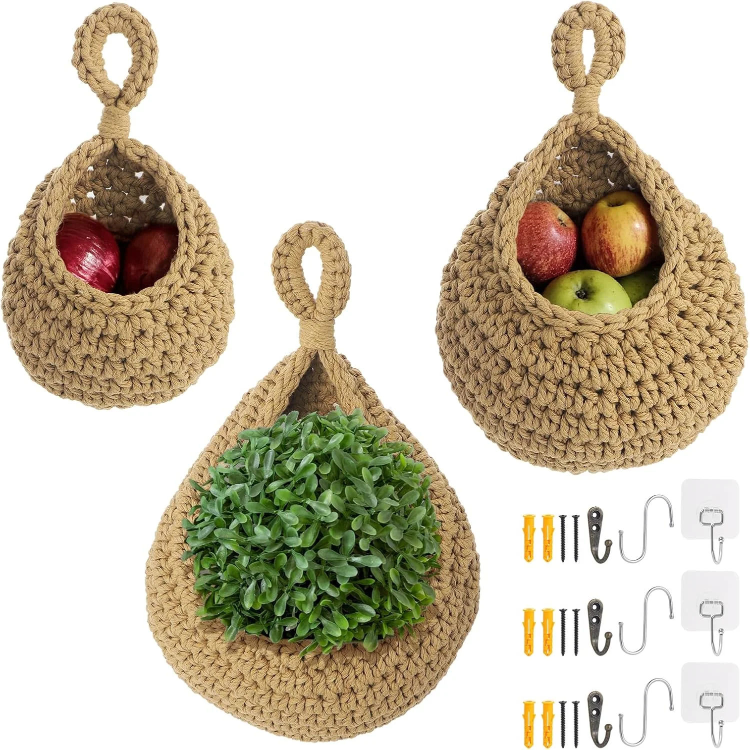 سبد آویز میوه Coptiner، 3 عدد سبد آویز آشپزخانه، سبد آویز قطره اشکی پنبه ای با سه نوع قلاب، سازمان دهنده ذخیره سازی صرفه جویی در فضای میوه برای ذخیره سازی پیاز و سیب زمینی سبزیجات (خاکی)