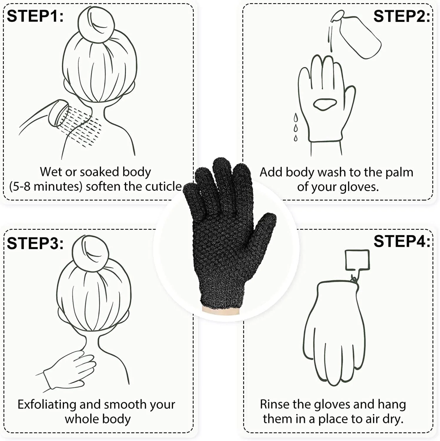 دستکش لایه بردار YHRY، اسکراب طبیعی حمام/دوش، دستکش لایه برداری بدن، اسکراب/لیف زیبایی، برای دوش، اسپا، ماساژ و اسکراب بدن، از بین برنده سلول های مرده پوست، 1 جفت (مشکی)