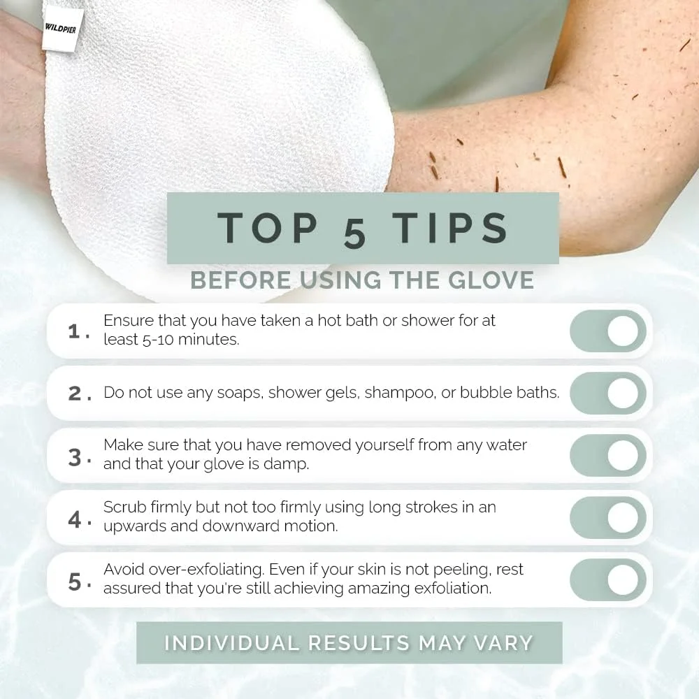 دستکش لایه بردار بدن وایلدپیر بیوتی مناسب حمام، دوش و اسپا، دستکش لایه بردار دست، از بین برنده سلول های مرده پوست، اسکرابر لایه بردار عمیق گیاهی، سفید