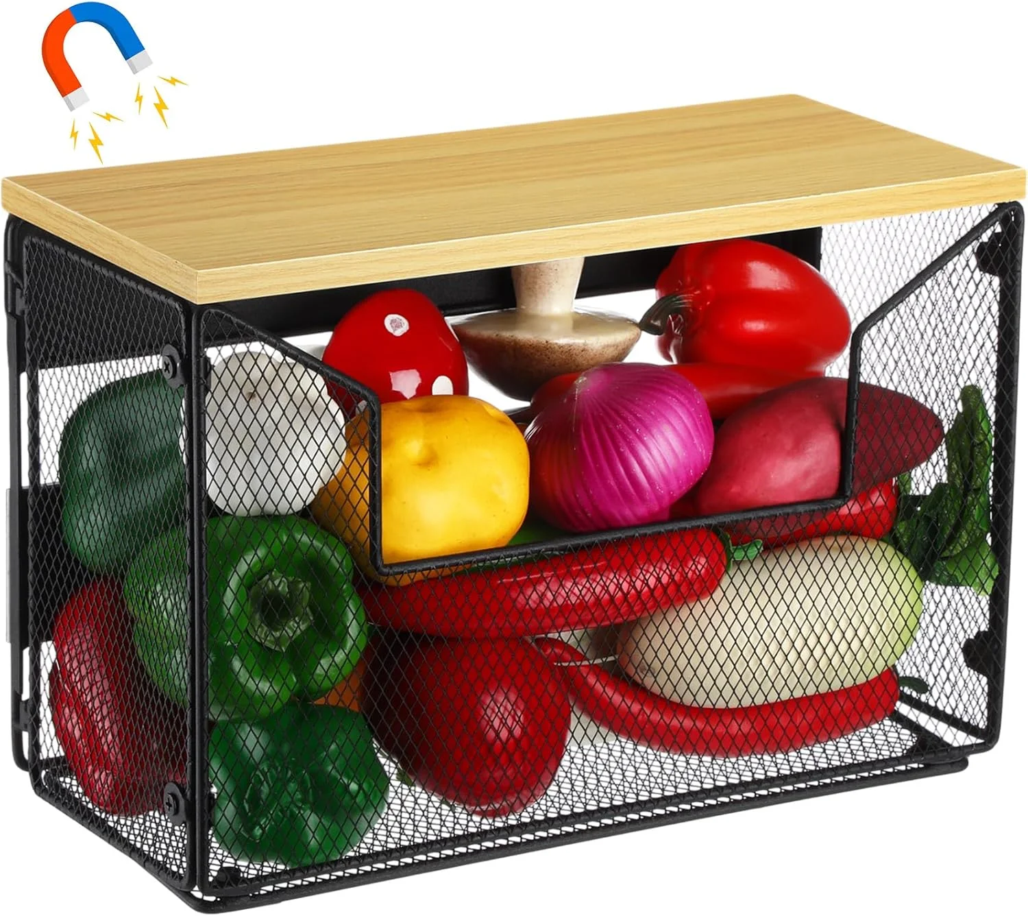 Colingmill 1 Set Magnetic Basket for Fridge Fruit Potato & Onion Storage Bins Shelf Large Container Magnetic Basket with Wood Lid Pantry Organizer for Refrigerator, Kitchen Counter