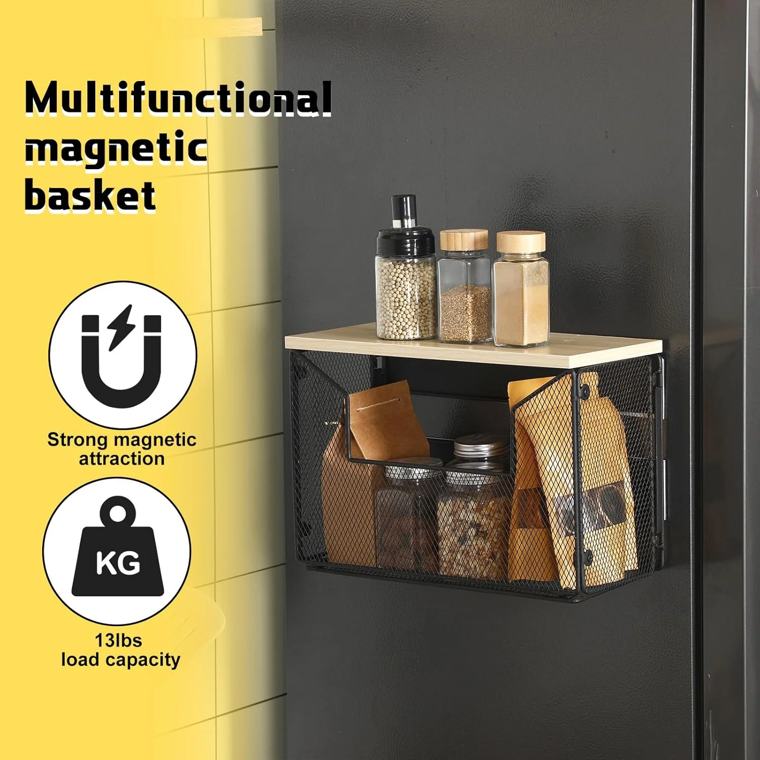 Colingmill 1 Set Magnetic Basket for Fridge Fruit Potato & Onion Storage Bins Shelf Large Container Magnetic Basket with Wood Lid Pantry Organizer for Refrigerator, Kitchen Counter