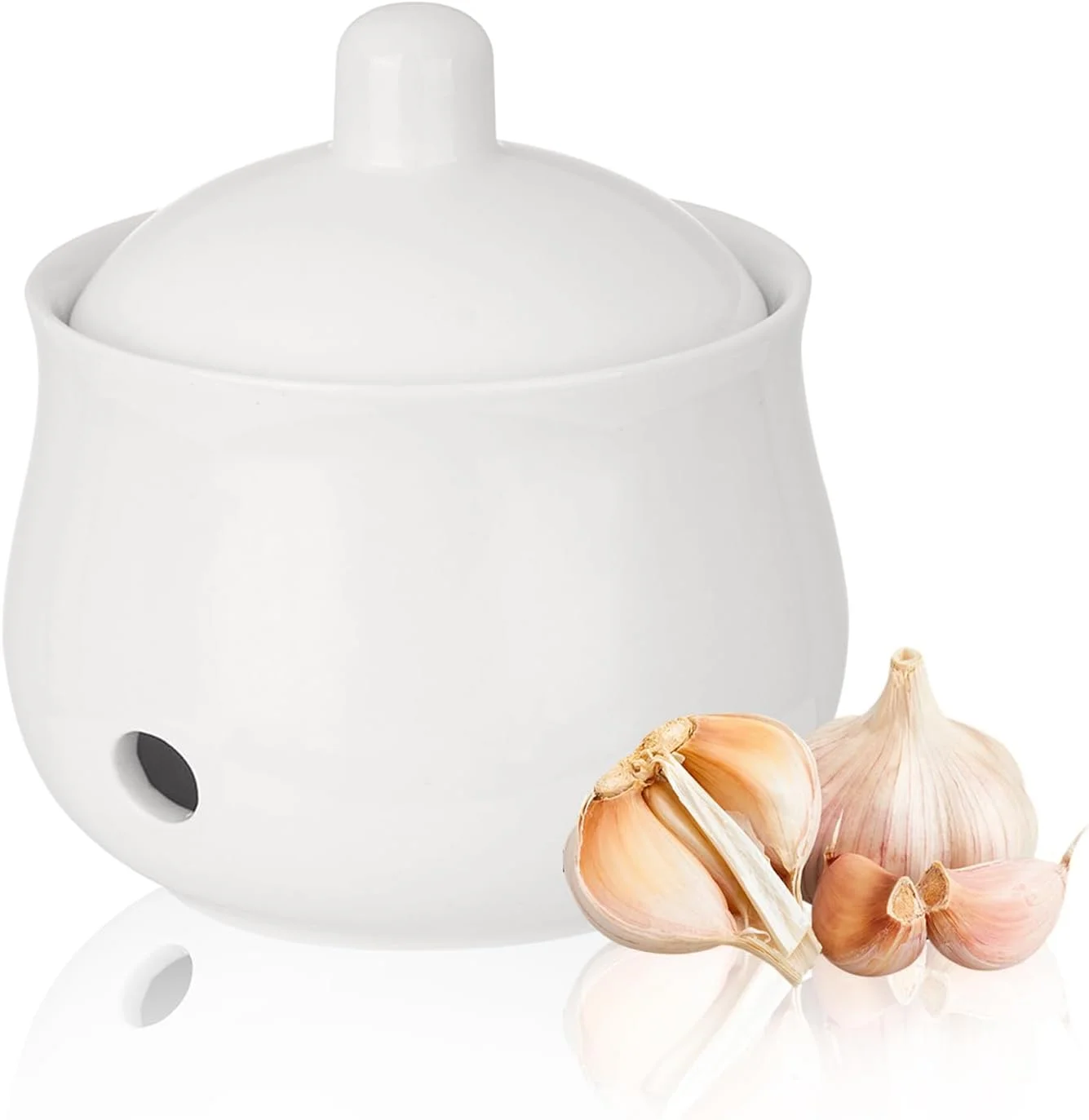 Ceramic Garlic Keeper for Counter, Garlic Holder Storage Jar with Lid, Vented Ginger Potato and Onion Storage Containers for Kitchen Countertop Decor (White)
