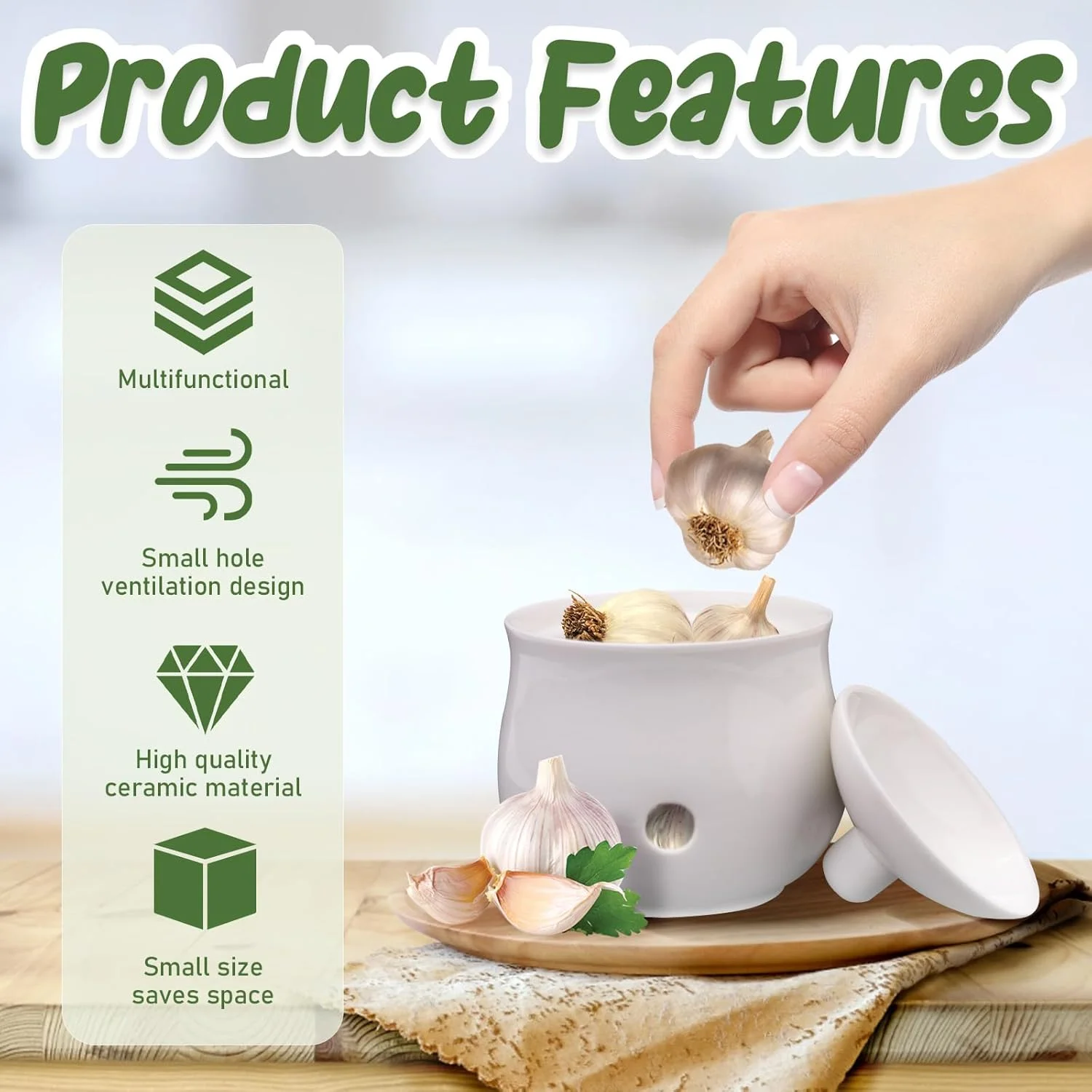 Ceramic Garlic Keeper for Counter, Garlic Holder Storage Jar with Lid, Vented Ginger Potato and Onion Storage Containers for Kitchen Countertop Decor (White)