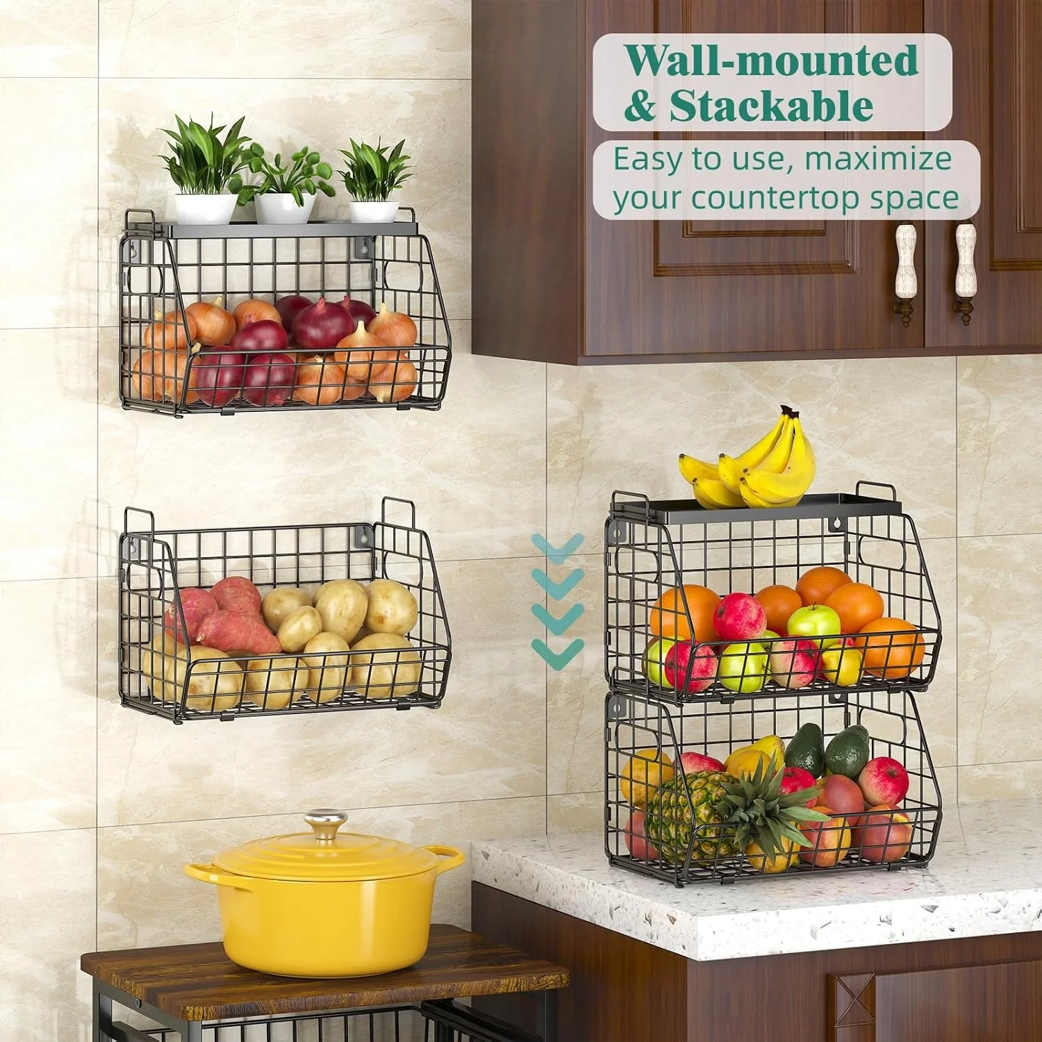 سبد میوه 3 طبقه CHLORYARD، سبد سیمی ذخیره سازی سیب زمینی و پیاز، با سینی، قابل نصب روی دیوار و روی میز، مناسب برای نگهداری تنقلات، میوه و سبزیجات