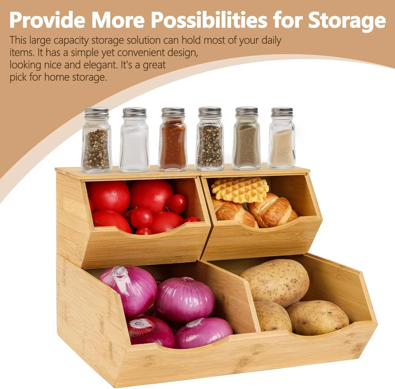 ظروف ذخیره سازی بامبو CENCODE با درب - سبدهای قابل چیدن، ذخیره سازی سیب زمینی و پیاز، ظروف ذخیره سازی چوبی برای سازماندهی و ذخیره سازی سبدهای انبار، لوازم ضروری آشپزخانه، مجموعه 3 عددی