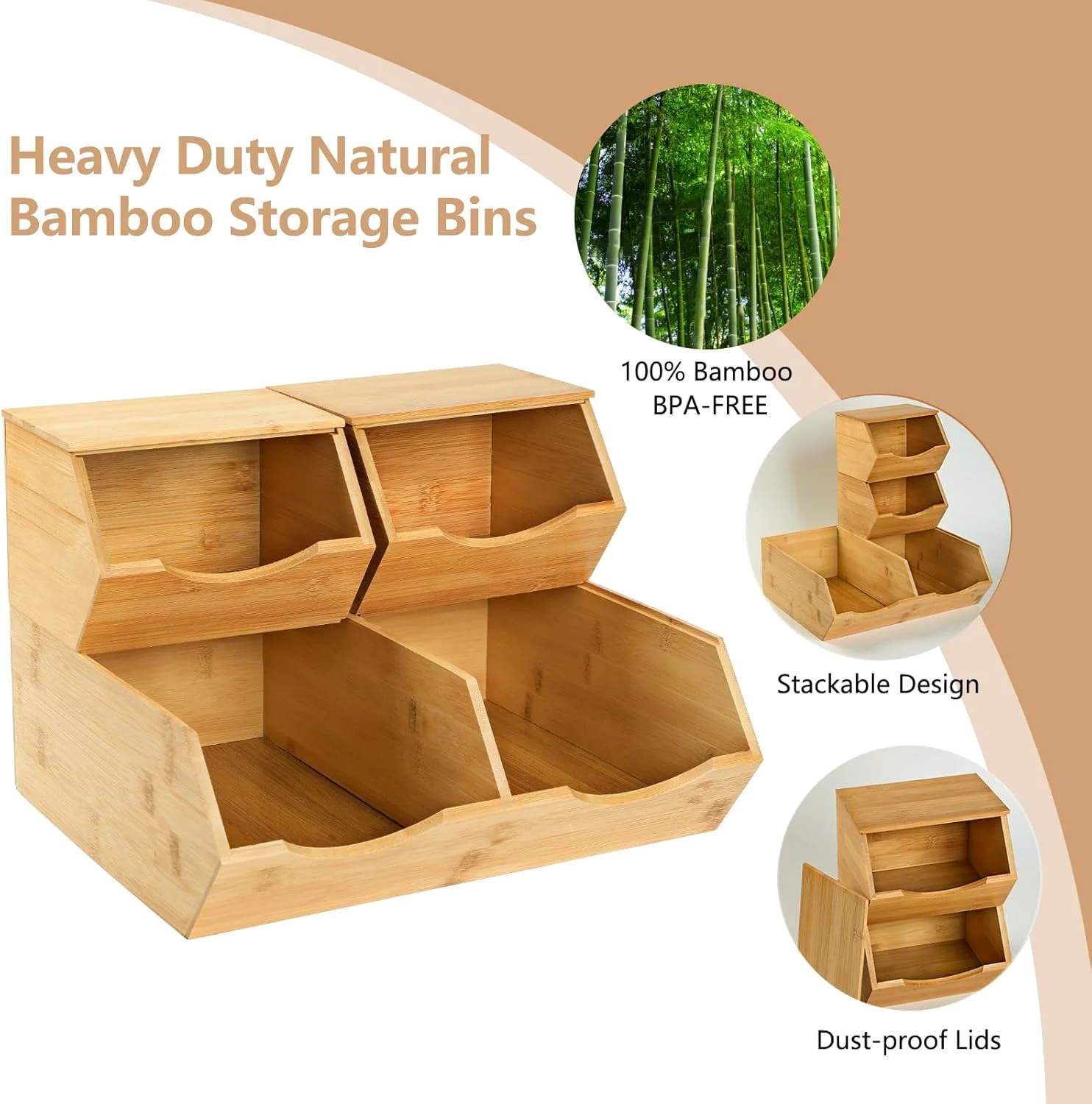 ظروف ذخیره سازی بامبو CENCODE با درب - سبدهای قابل چیدن، ذخیره سازی سیب زمینی و پیاز، ظروف ذخیره سازی چوبی برای سازماندهی و ذخیره سازی سبدهای انبار، لوازم ضروری آشپزخانه، مجموعه 3 عددی