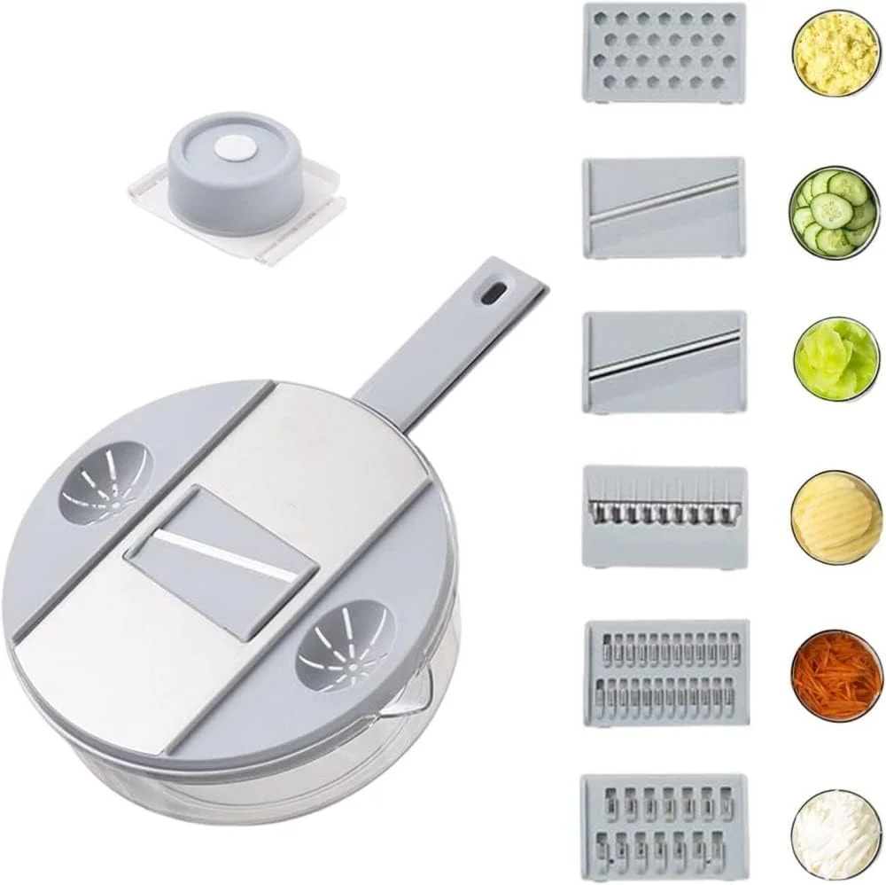 اسلایسر هویج و سیب زمینی | خردکن سبزیجات با 6 محافظ دست، رنده سیب زمینی با ظرف ذخیره سازی، اسلایسر دستی غذا، خردکن سیب زمینی برای پیاز، سیر، هویج، سیب زمینی، گوجه فرنگی - خاکستری