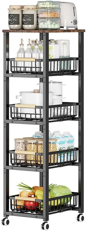 سبدهای سیمی فلزی چرخ دار CarolynDesign، سبدهای چرخدار نگهداری آشپزخانه، سبد میوه و سبزیجات قابل انباشت با دسته چوبی کشویی و کف تشک، برای حمام، گاراژ و انبار