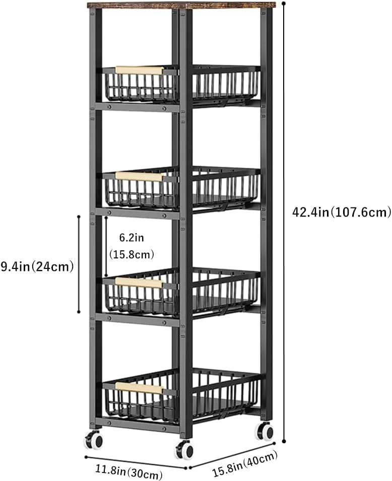 سبدهای سیمی فلزی چرخ دار CarolynDesign، سبدهای چرخدار نگهداری آشپزخانه، سبد میوه و سبزیجات قابل انباشت با دسته چوبی کشویی و کف تشک، برای حمام، گاراژ و انبار