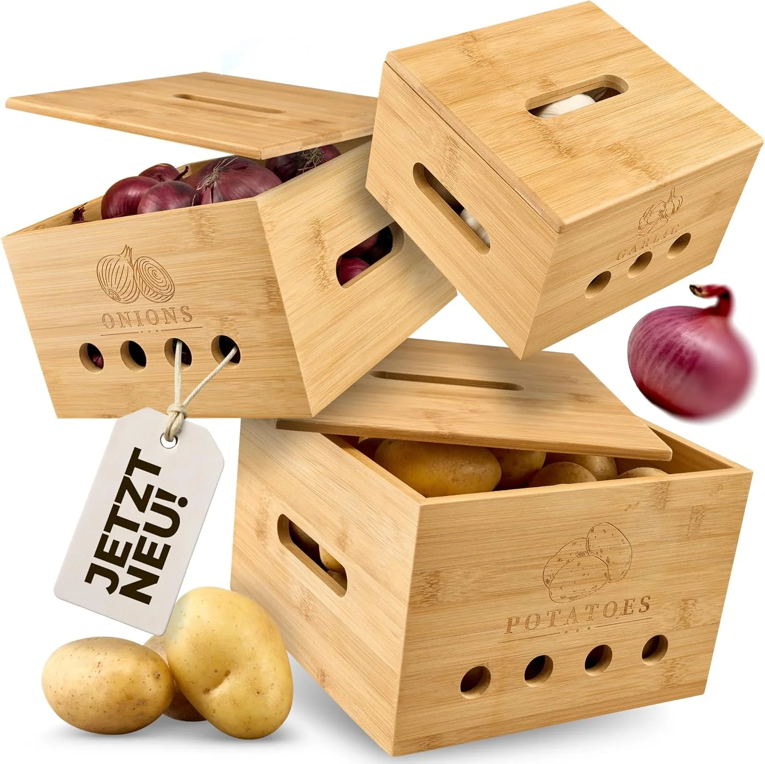 جعبه نگهداری سیب زمینی پریمیوم CALIDORO [مجموعه 3 عددی] - نگهداری تازه سیب زمینی، سیر و پیاز در آشپزخانه - جعبه سیب زمینی چوبی بامبو، ظرف پیاز، ظرف سیر