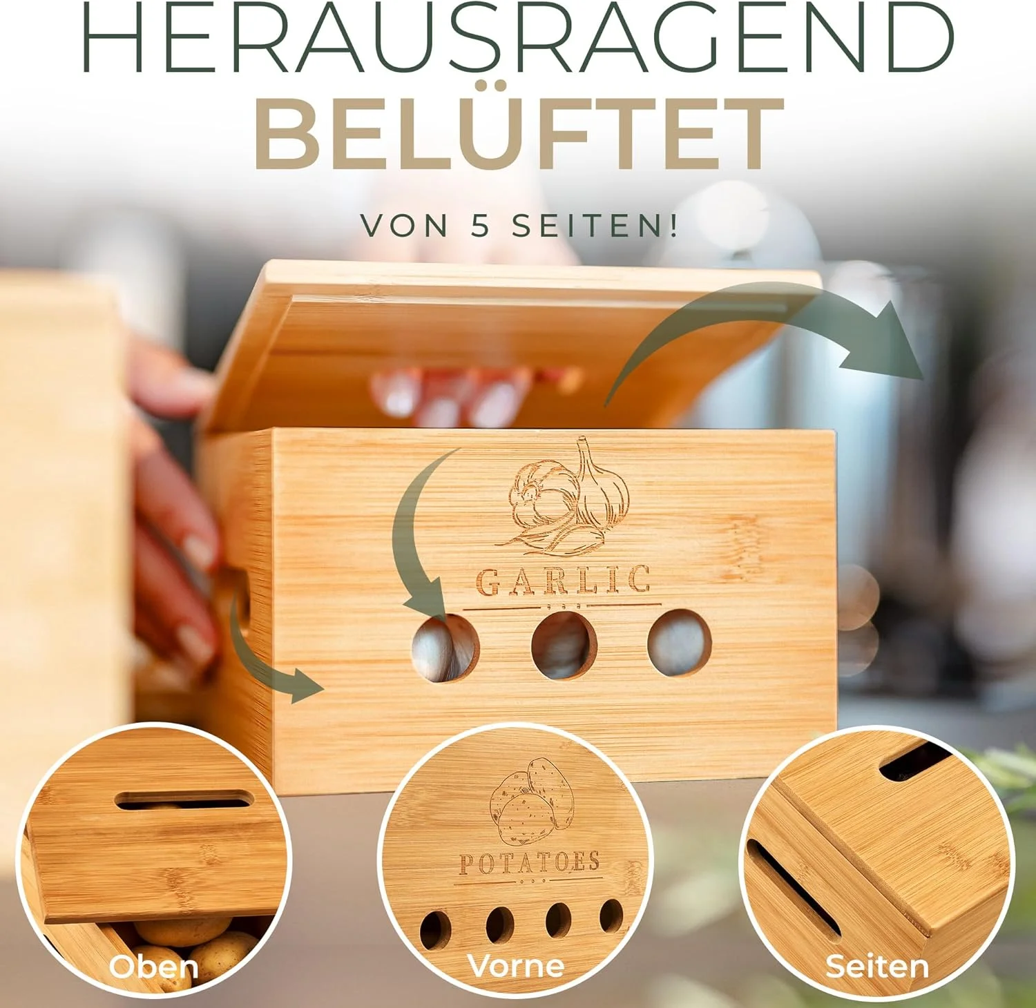 جعبه نگهداری سیب زمینی پریمیوم CALIDORO [مجموعه 3 عددی] - نگهداری تازه سیب زمینی، سیر و پیاز در آشپزخانه - جعبه سیب زمینی چوبی بامبو، ظرف پیاز، ظرف سیر
