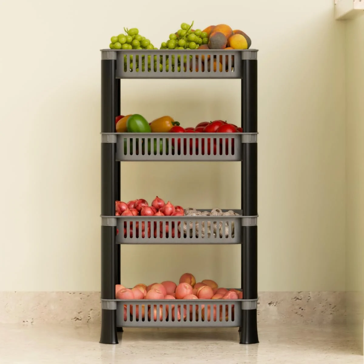 قفسه پلاستیکی چند منظوره Biltoxi، سبد پیاز سیب زمینی سبزیجات برای آشپزخانه و خانه (4 طبقه، نقره ای)