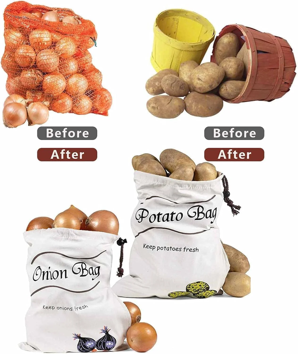 کیسه های نگهدارنده پیاز و سیب زمینی Bukela، ظروف آشپزخانه پنبه ای سبزیجات، برای سازماندهی انبار و خانه، ظرف غذا با جیب به سبک خانه های روستایی برای آشپزخانه