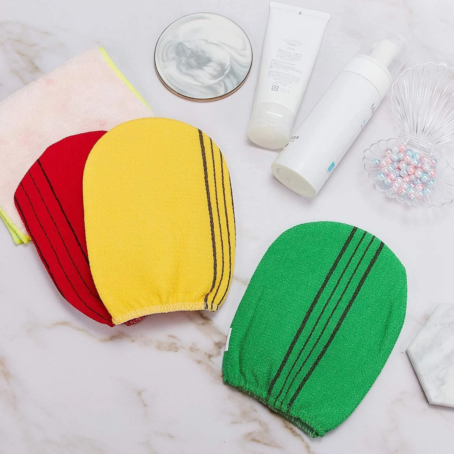 لیف حمام لایه بردار ضد آفتاب، پارچه حوله ای کره ای برای لایه برداری، دستکش اسکراب لایه بردار برای حمام و دوش، از بین بردن سلول های خشک و مرده پوست، مناسب برای انواع پوست، بسته 3 عددی لیف حمام لایه بردار ضد آفتاب، پارچه حوله ای کره ای برای لایه برداری، دستکش اسکراب لایه بردار برای حمام و دوش، از بین بردن سلول های خشک و مرده پوست، مناسب برای انواع پوست، بسته 3 عددی