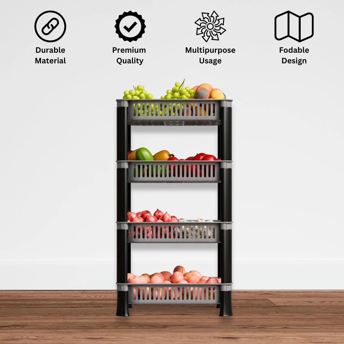 قفسه ذخیره سازی پلاستیکی چند منظوره آشپزخانه Biltoxi | استند توری تاشو برای پیاز، سیب زمینی، سبزیجات، میوه ها | قفسه سبد رومیزی برای خانه و آشپزخانه (4 طبقه، نقره ای)