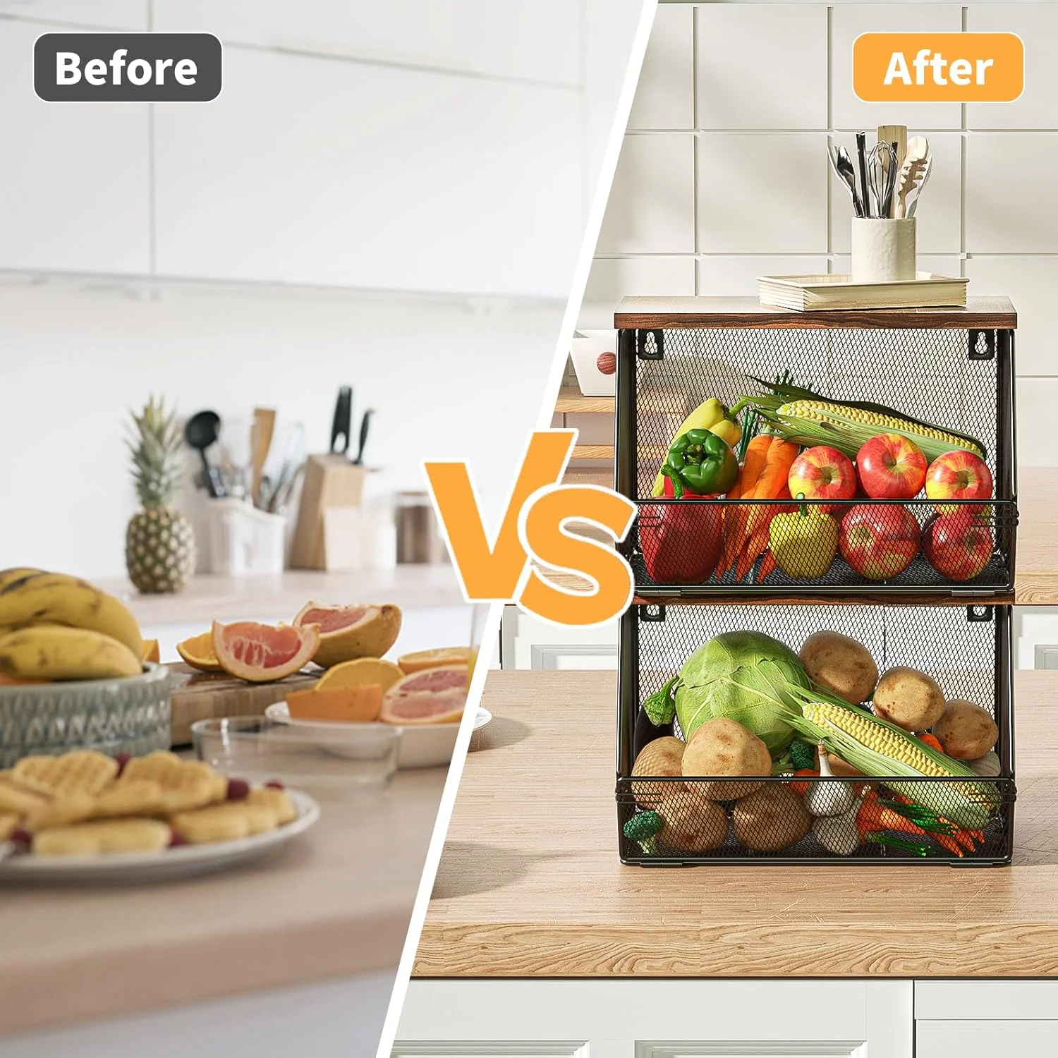 سبد میوه سبدهای سیمی با درب چوبی، بسته 2 عددی، سازمان دهنده پیشخوان آشپزخانه قابل انباشته، محل نگهداری پیاز و سیب زمینی، سبد محصولات قابل نصب روی دیوار برای نگهداری تنقلات، میوه و سبزیجات