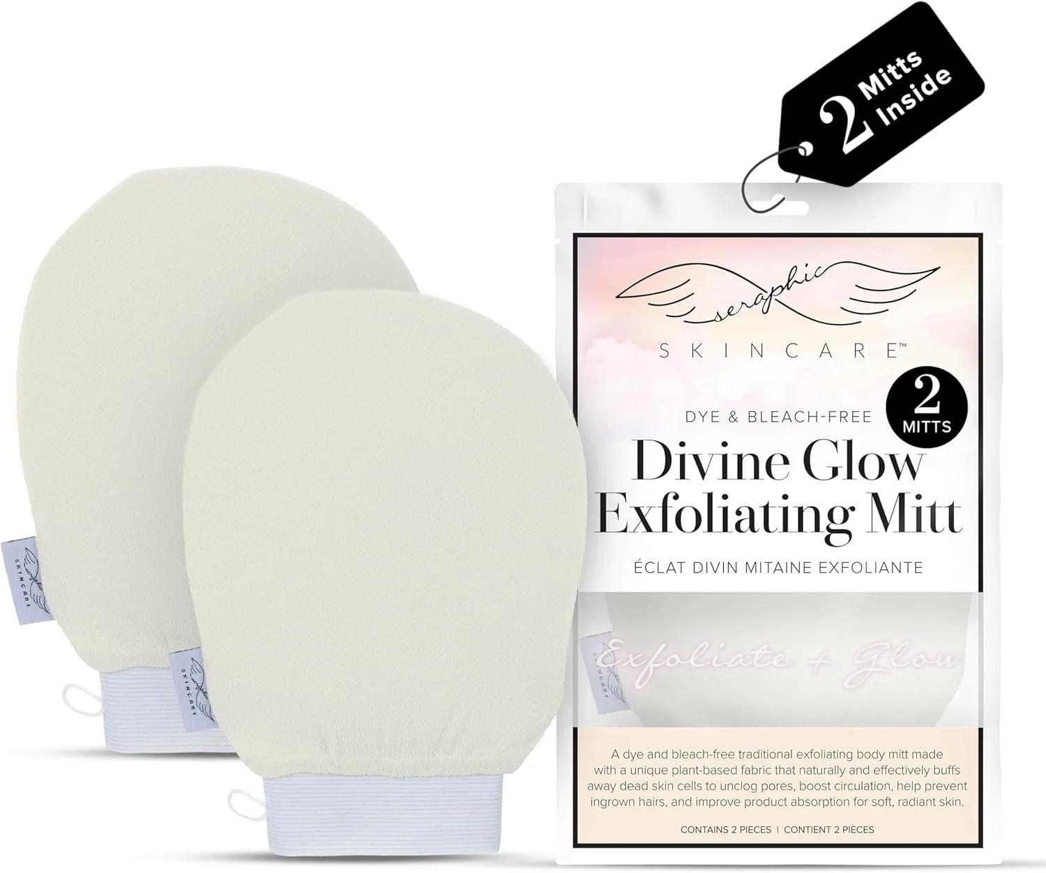 دستکش لایه بردار پوست Seraphic Skincare Divine Glow (2 عدد) – 100% ویسکوز وگان بدون رنگ و سفید کننده، دستکش لایه بردار کره ای – لایه بردار بدن برای از بین بردن برنزه کننده و کراتوز پیلاریس
