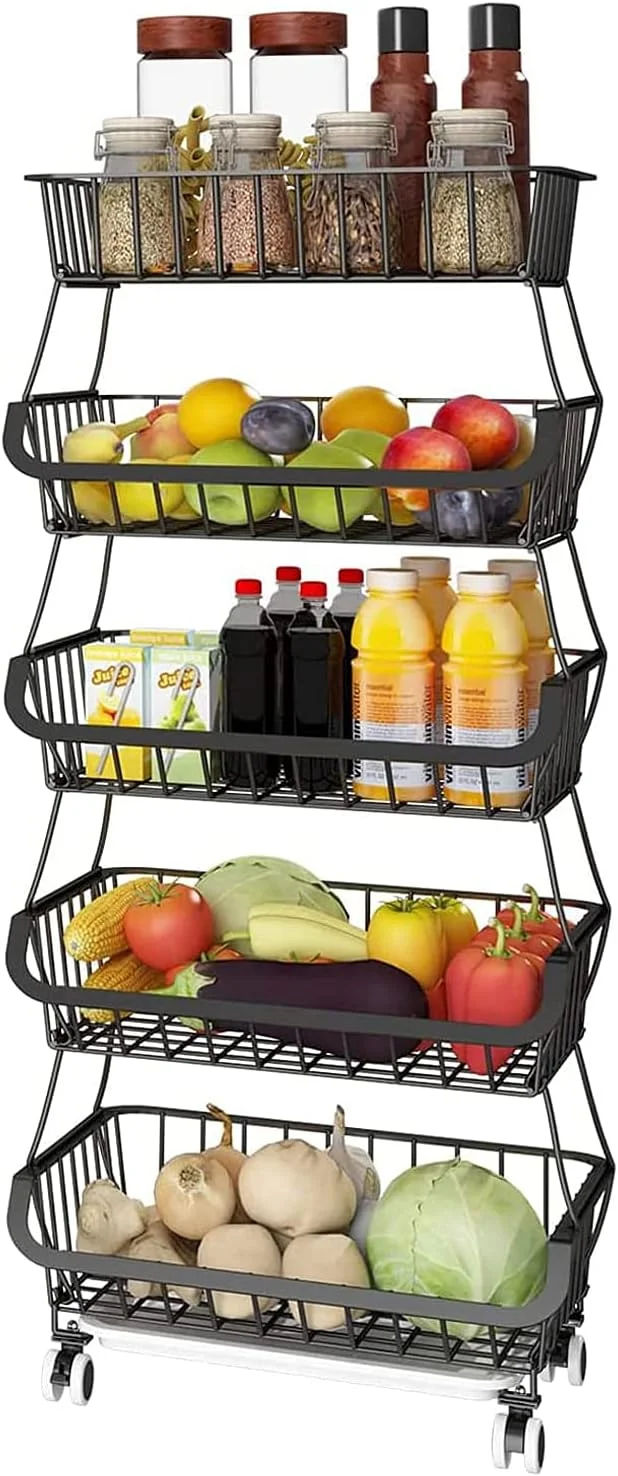 سبد میوه برای آشپزخانه، سبد ذخیره سازی سیمی با چرخ، چرخ دستی ذخیره سازی میوه و سبزیجات، قفسه سطل سبزیجات برای پیاز و سیب زمینی، 5 طبقه