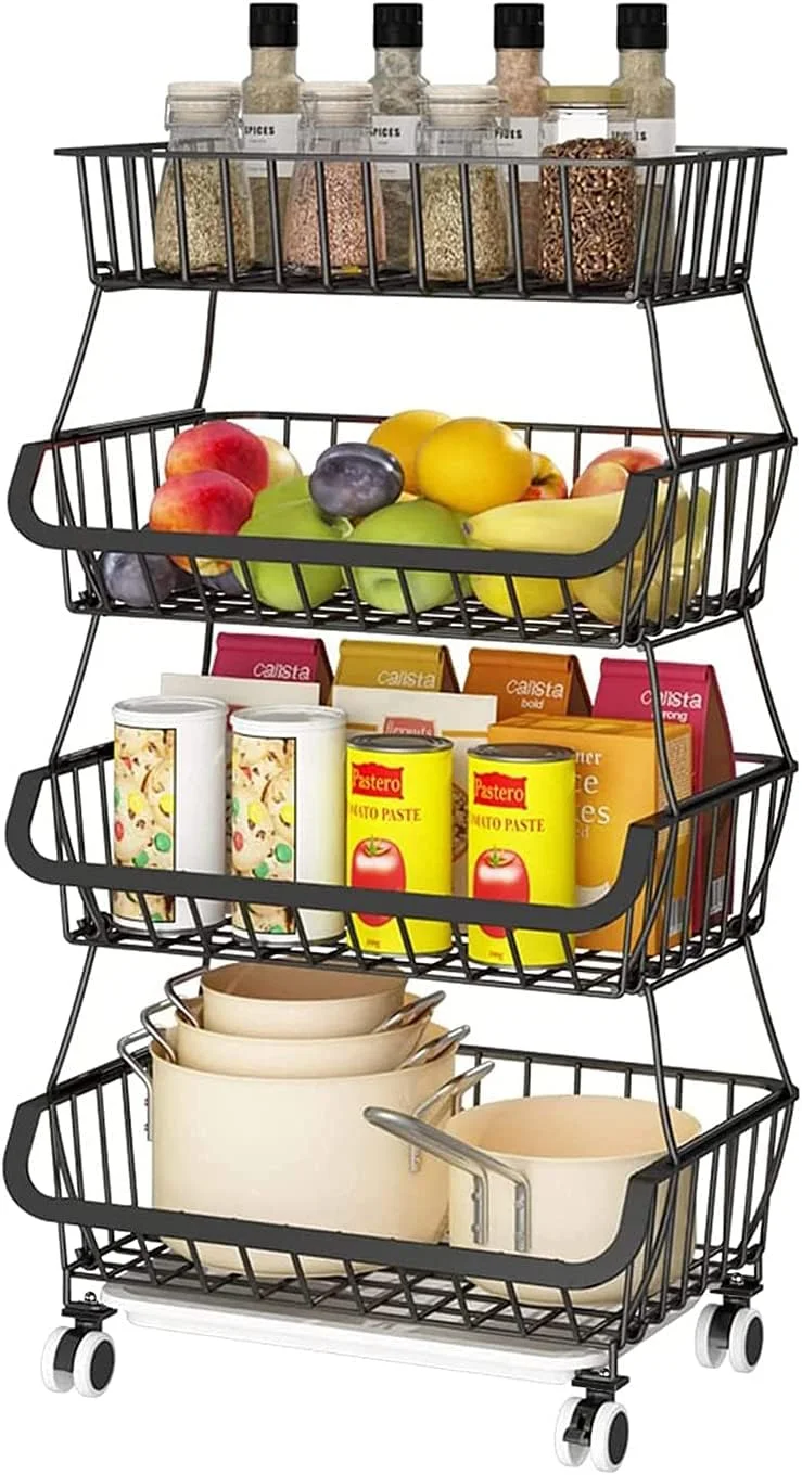 سبد میوه برای آشپزخانه، سبد ذخیره سازی سیمی چرخ دار، چرخ دستی ذخیره سازی میوه و سبزیجات، قفسه سطل سبزیجات برای پیاز و سیب زمینی، 4 طبقه