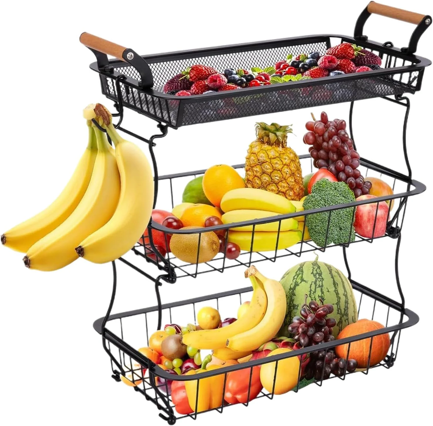سبد میوه 3 طبقه برای روی کابینت آشپزخانه - استند نگهداری و نمایش با آویز موز، لوازم جانبی آشپزخانه برای سیب زمینی، نان، پیاز و سایر محصولات