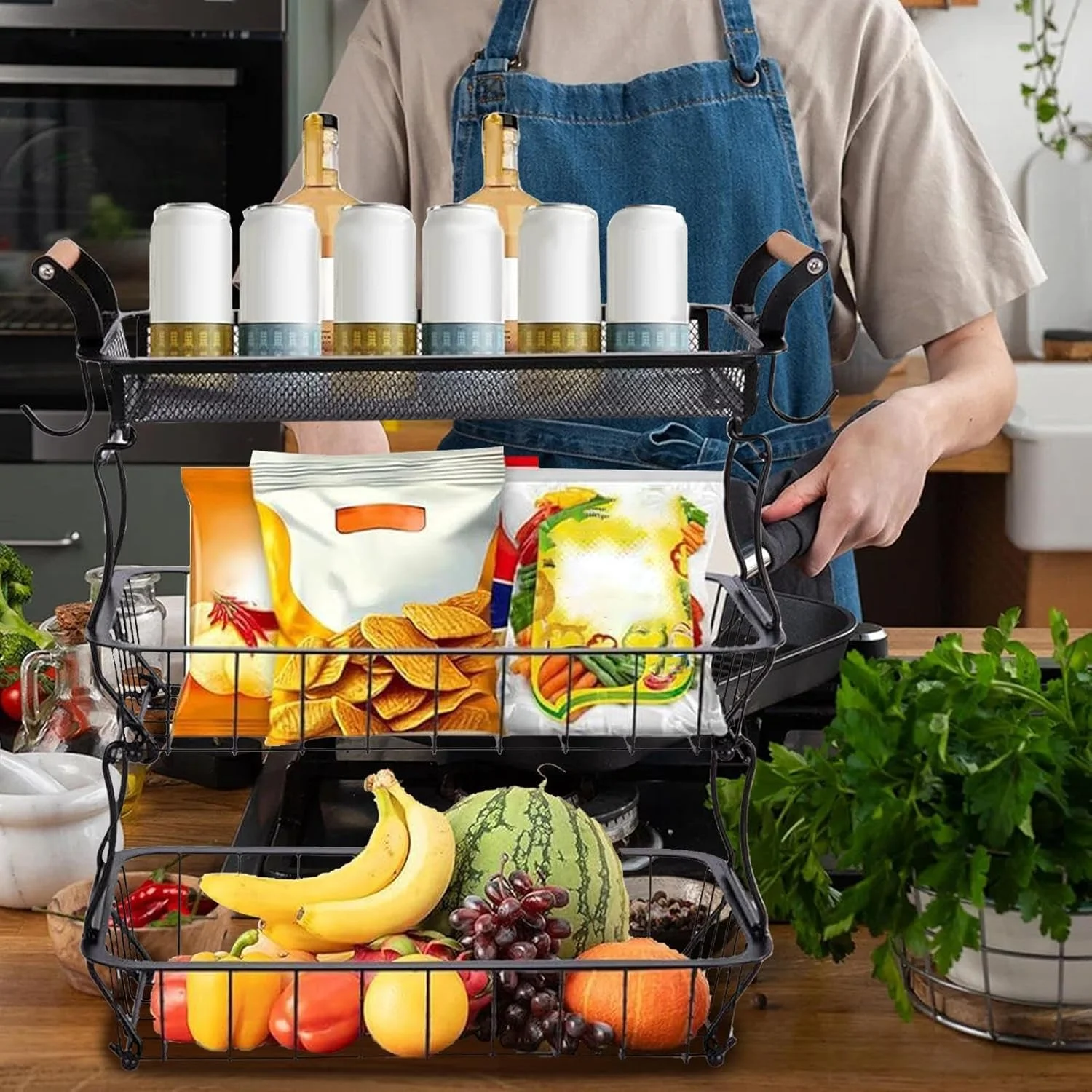 سبد میوه 3 طبقه برای روی کابینت آشپزخانه - استند نگهداری و نمایش با آویز موز، لوازم جانبی آشپزخانه برای سیب زمینی، نان، پیاز و سایر محصولات