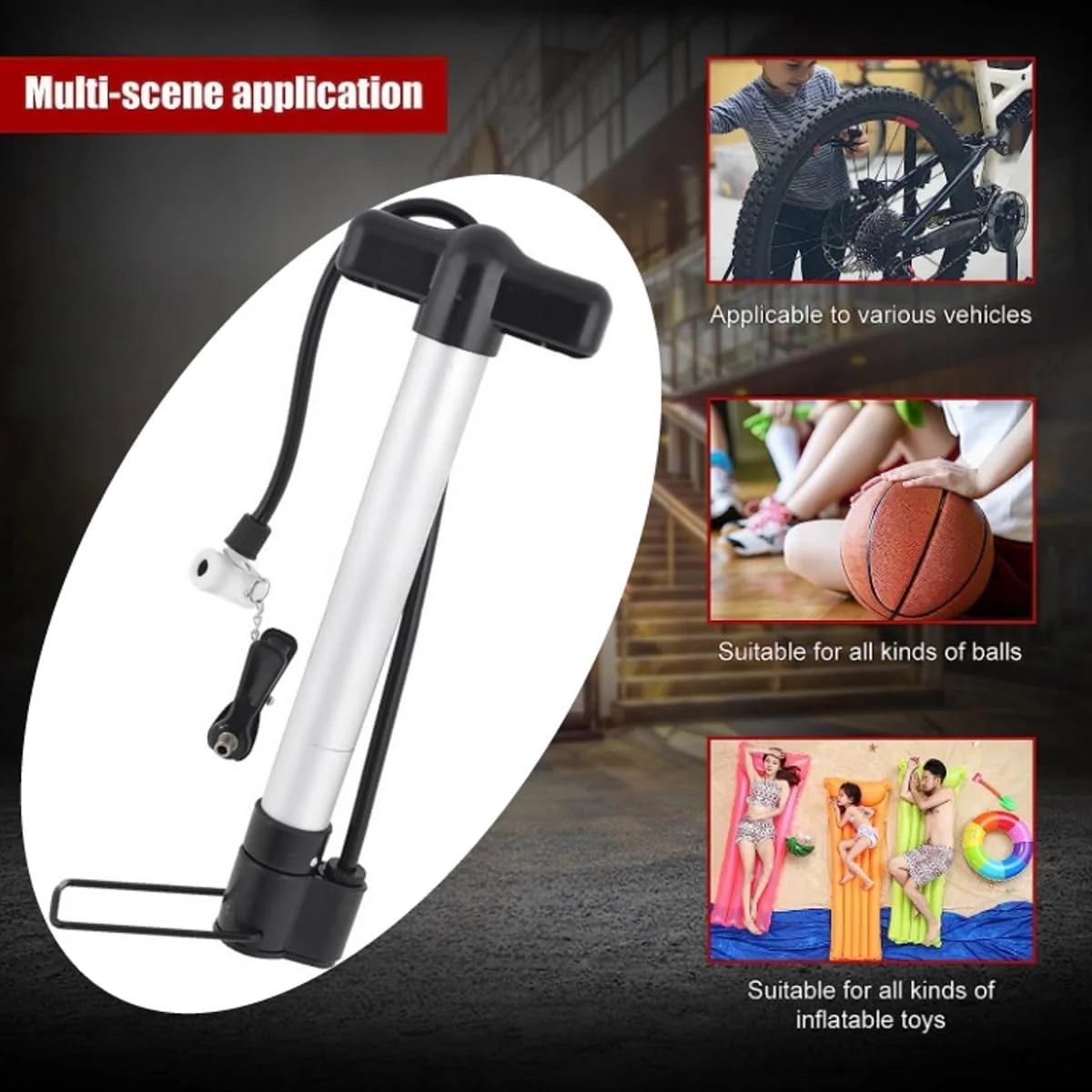 تلمبه باد دوچرخه قابل حمل Biella™ - تلمبه دستی/پایی برای باد کردن لاستیک، توپ بسکتبال، فوتبال، بادکنک، اسباب بازی و غیره