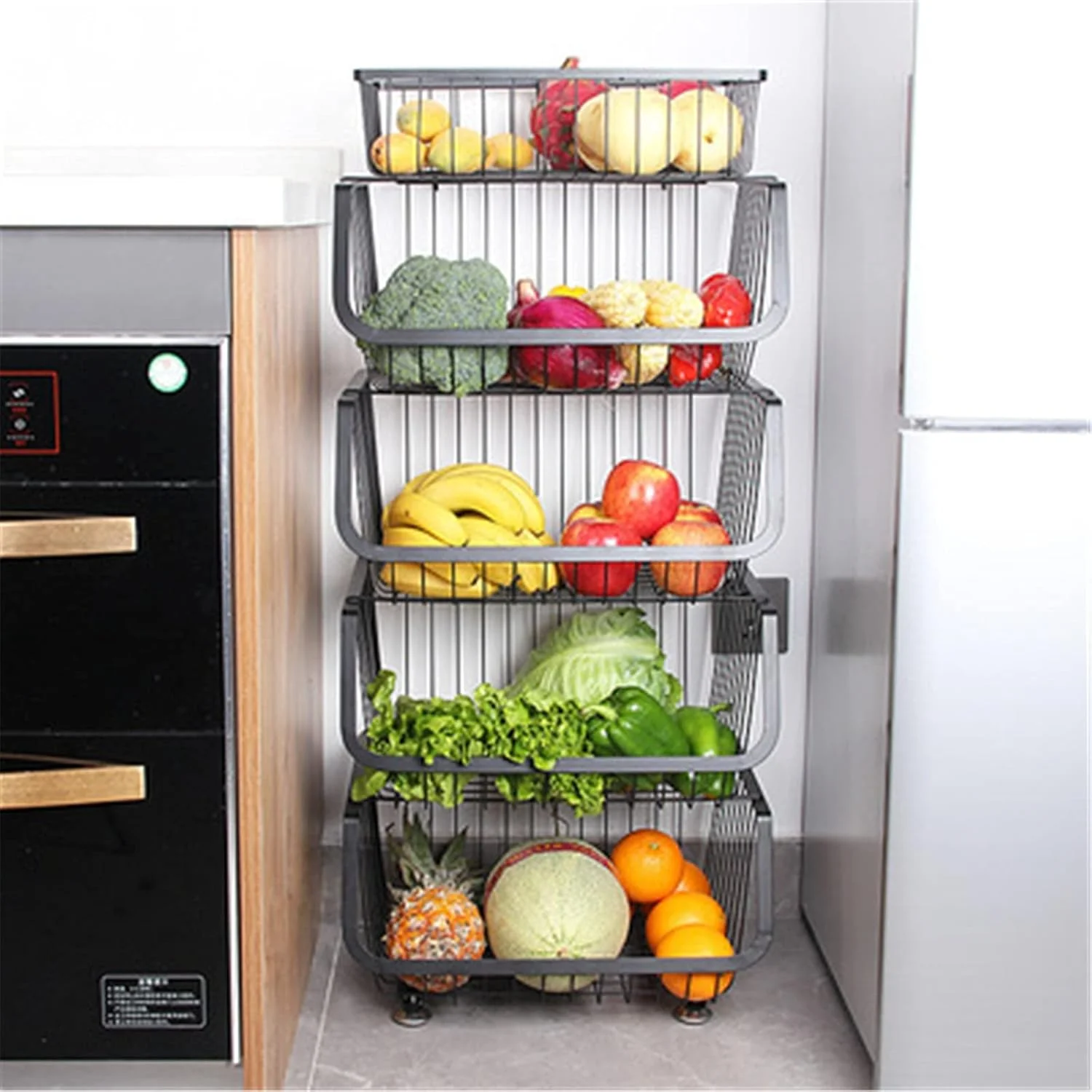 سبد میوه و سبزیجات BaiBnn برای آشپزخانه، سبد ذخیره سازی میوه و سبزیجات، سبد سیمی چرخ دار، قفسه سبد سبزیجات برای پیاز و سیب زمینی - مشکی