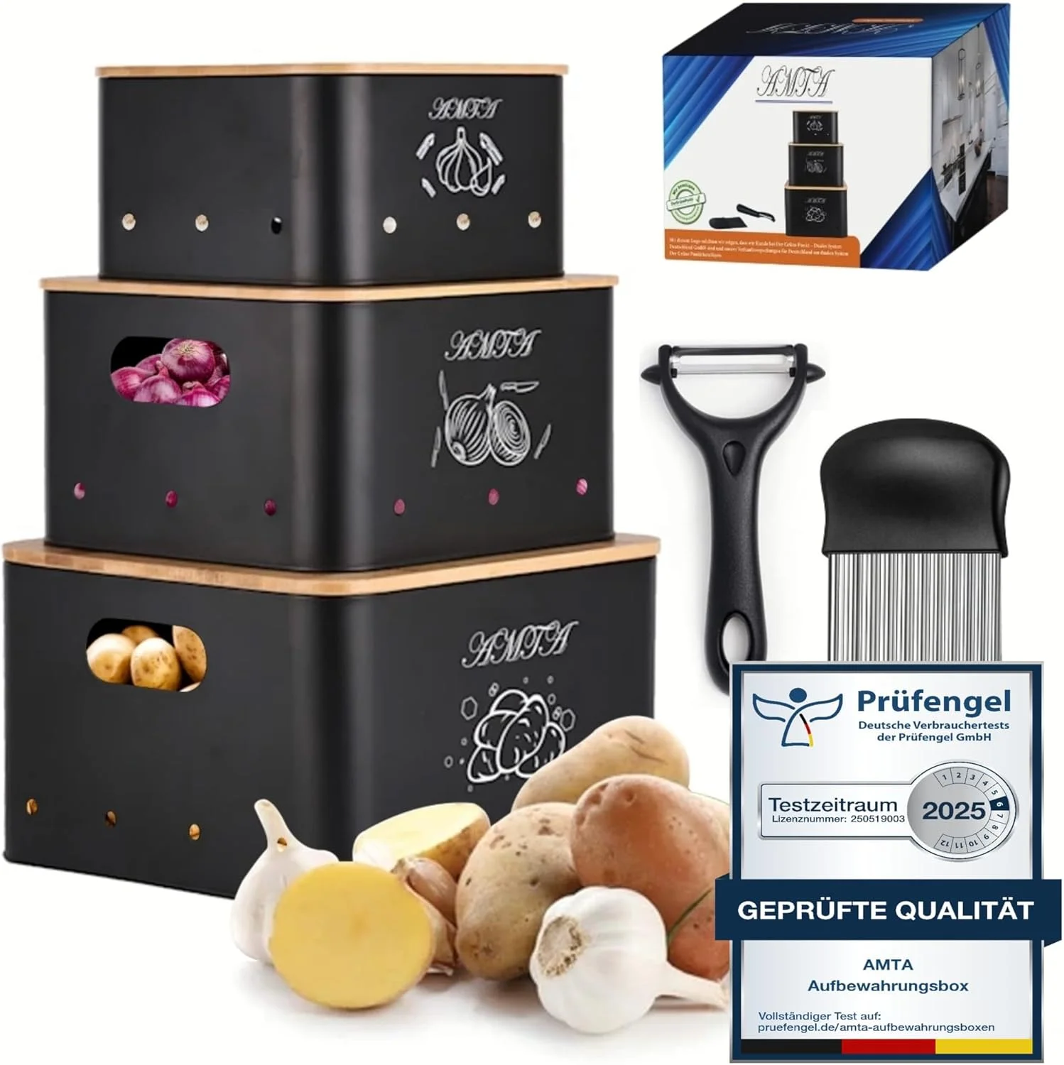 ست جعبه نگهداری سیب زمینی AMTA، مجموعه 3 عددی - نگهداری سیب زمینی، پیاز و سیر - به همراه پوست کن و برش دهنده - لوازم جانبی و نظم دهنده آشپزخانه - مشکی و قابل چیدن