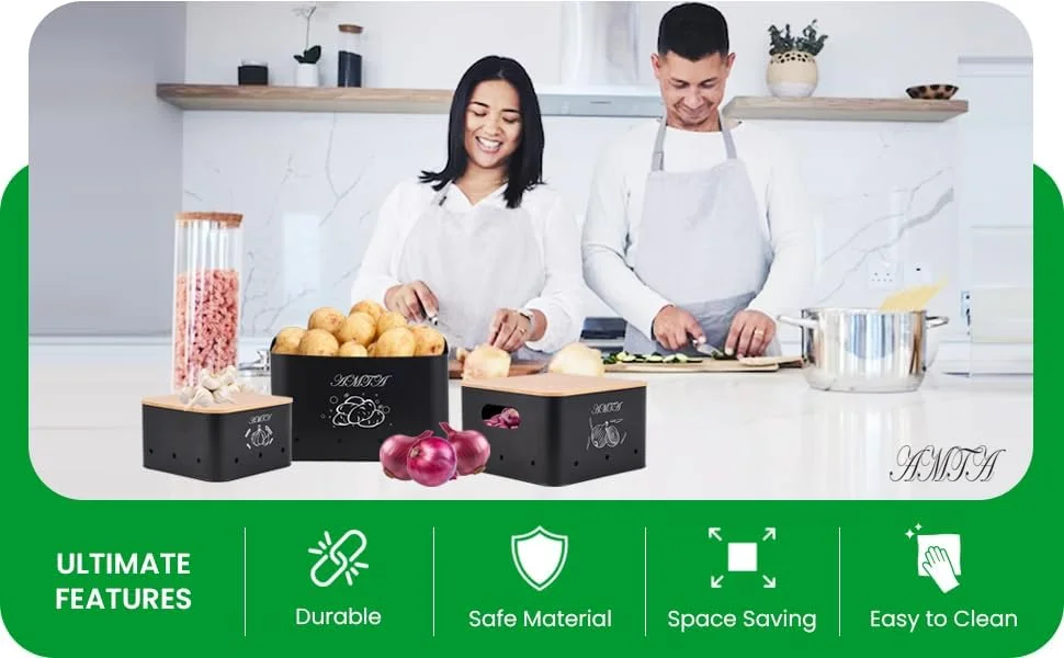 ست جعبه نگهداری سیب زمینی AMTA، مجموعه 3 عددی - نگهداری سیب زمینی، پیاز و سیر - به همراه پوست کن و برش دهنده - لوازم جانبی و نظم دهنده آشپزخانه - مشکی و قابل چیدن