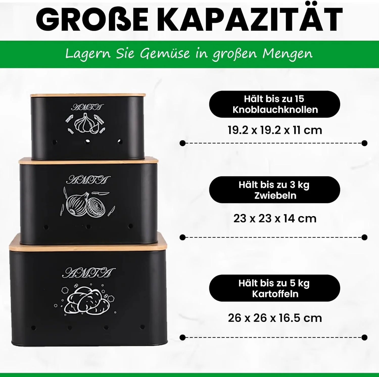 ست جعبه نگهداری سیب زمینی AMTA، مجموعه 3 عددی - نگهداری سیب زمینی، پیاز و سیر - به همراه پوست کن و برش دهنده - لوازم جانبی و نظم دهنده آشپزخانه - مشکی و قابل چیدن