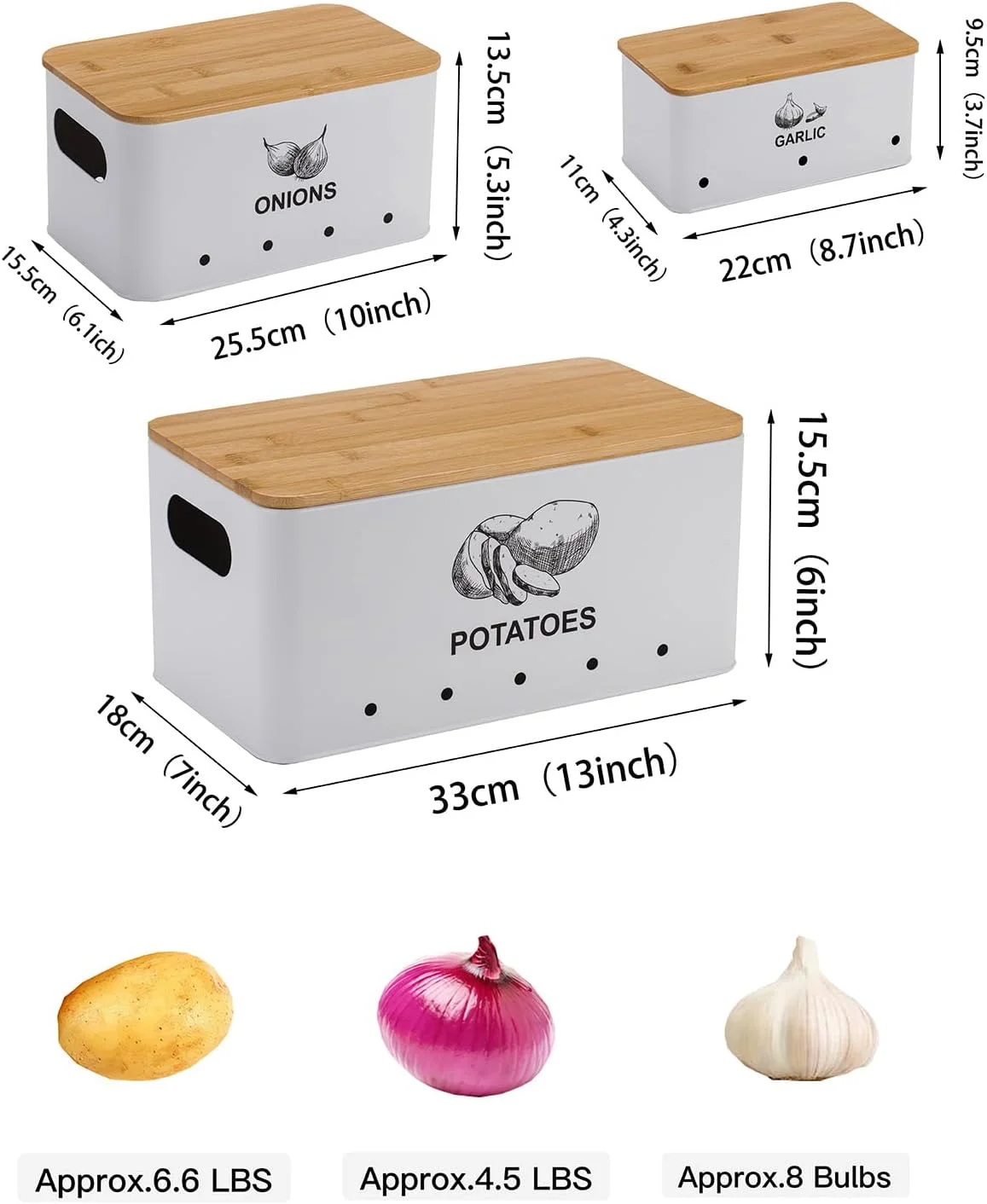 ظروف نگهداری پیاز و سیب زمینی AEUNKIUO، ست 3 تایی ظروف نگهداری سبزیجات آشپزخانه، ست ظروف برای روی پیشخوان آشپزخانه با سوراخ های تهویه و درب های چوبی بامبو - سفید