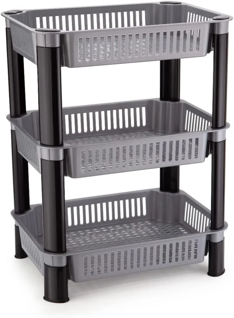 رَک پلاستیکی چند منظوره AEXONIZ TOYS برای آشپزخانه، سبدهای مربعی برای لوازم و وسایل آشپزخانه، سازمان دهنده چند لایه برای پیاز و سیب زمینی، رَک نگهداری سبزیجات (3 طبقه، خاکستری)