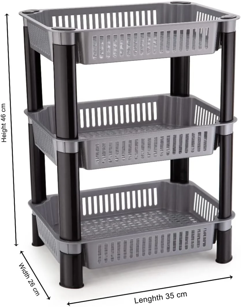 رَک پلاستیکی چند منظوره AEXONIZ TOYS برای آشپزخانه، سبدهای مربعی برای لوازم و وسایل آشپزخانه، سازمان دهنده چند لایه برای پیاز و سیب زمینی، رَک نگهداری سبزیجات (3 طبقه، خاکستری)