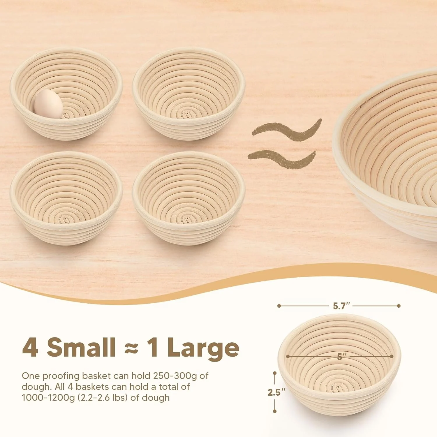 بسته چهارتایی سبد خمیرگیری نان - بنتون مینی 5 اینچی برای کاسه های نان و نان های دست ساز - ایده آل برای پخت نان ترش، تست دسته های کوچک، رتن طبیعی