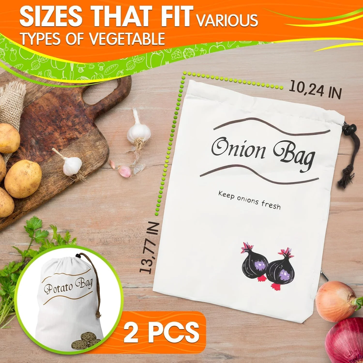 کیسه های نگهداری سیب زمینی و پیاز 2 عددی - کیسه های تولید پنبه ای قابل استفاده مجدد با آستر مشکی و زیپ جانبی، قابل شستشو، تنفس پذیر و طراحی مسدود کننده نور برای نگهداری سیب زمینی، پیاز، سیر و سبزیجات ریشه ای