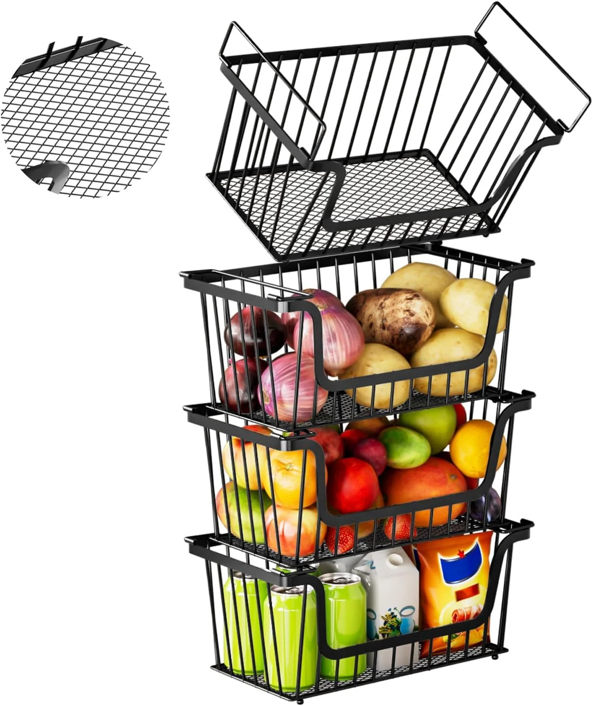 4PCS-U-Shaped Stackable Wire Baskets, Suitable for Potato and Onion Storage Bins, Storage Shelves, Garage Shelving, Kitchen Storage, and Potato and Onion Storage Bins,Bottom leak-proof mesh design 4PCS-U-Shaped Stackable Wire Baskets, Suitable for Potato and Onion Storage Bins, Storage Shelves, Garage Shelving, Kitchen Storage, and Potato and Onion Storage Bins,Bottom leak-proof mesh design