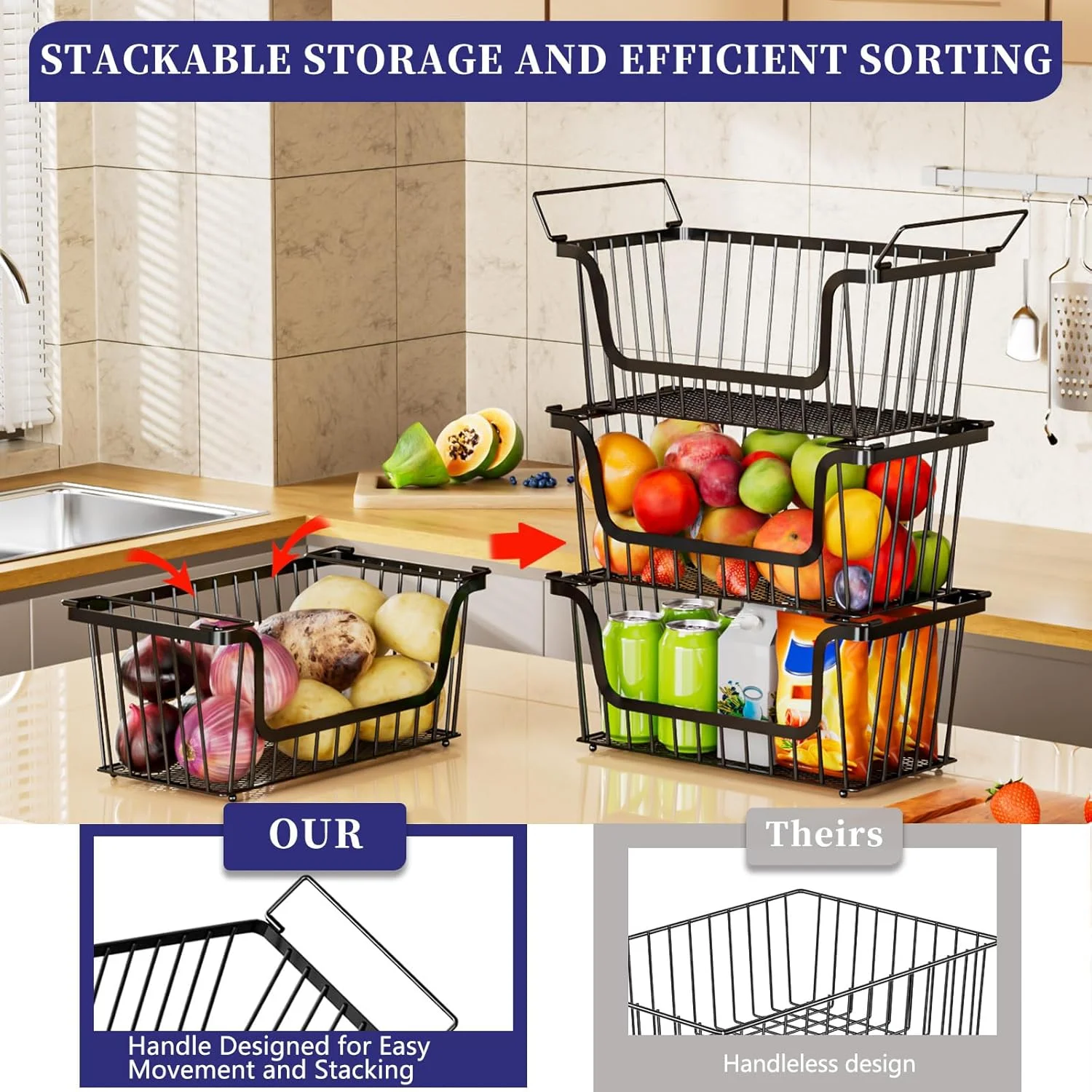 4PCS-U-Shaped Stackable Wire Baskets, Suitable for Potato and Onion Storage Bins, Storage Shelves, Garage Shelving, Kitchen Storage, and Potato and Onion Storage Bins,Bottom leak-proof mesh design