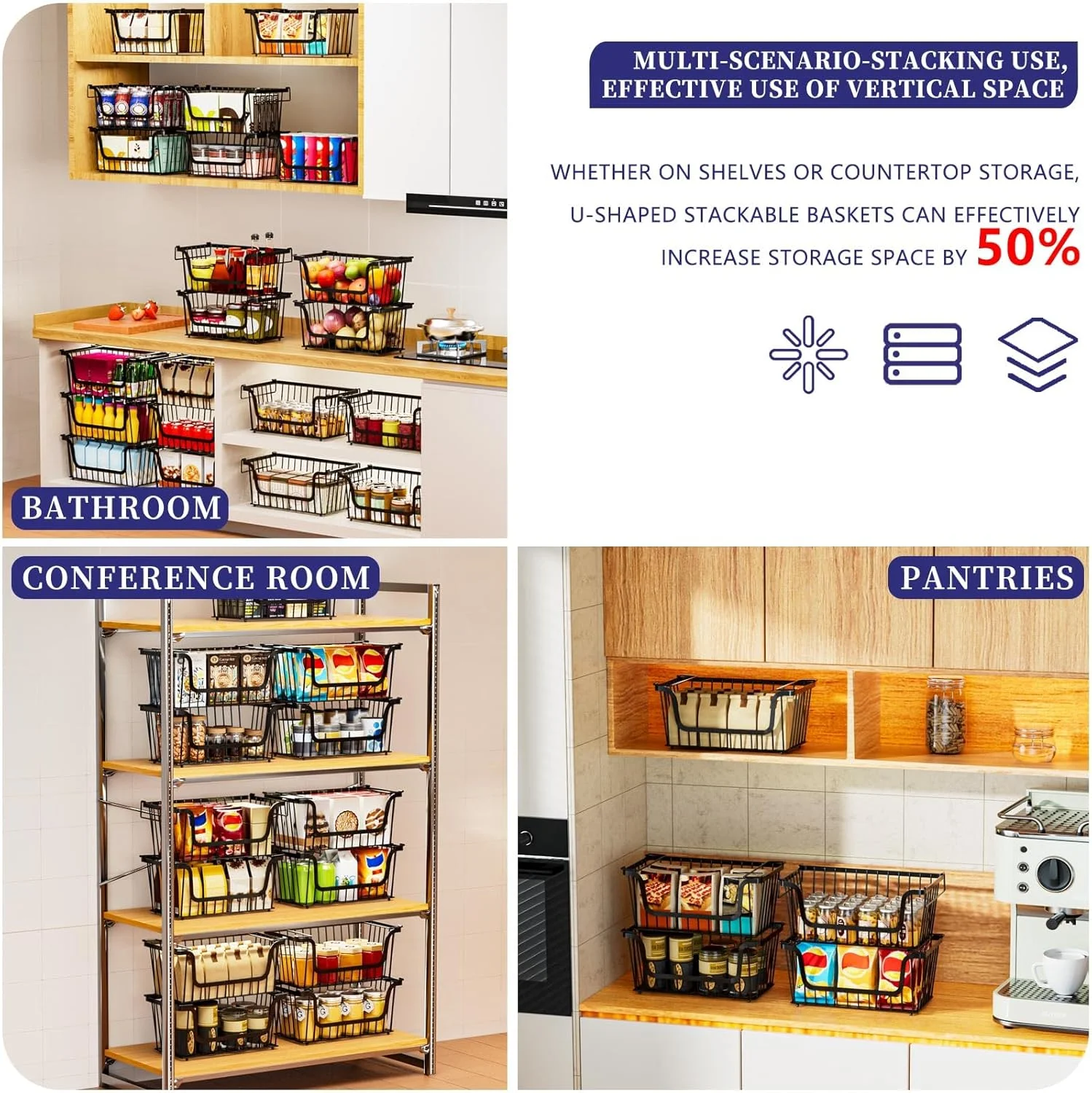 4PCS-U-Shaped Stackable Wire Baskets, Suitable for Potato and Onion Storage Bins, Storage Shelves, Garage Shelving, Kitchen Storage, and Potato and Onion Storage Bins,Bottom leak-proof mesh design