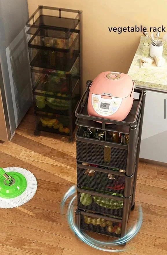 ترولی آشپزخانه فلزی 5 طبقه | سازمان دهنده آشپزخانه با طراحی مربعی و چرخ دار | قفسه ذخیره سازی مشکی برای میوه ها، سبزیجات و پیاز