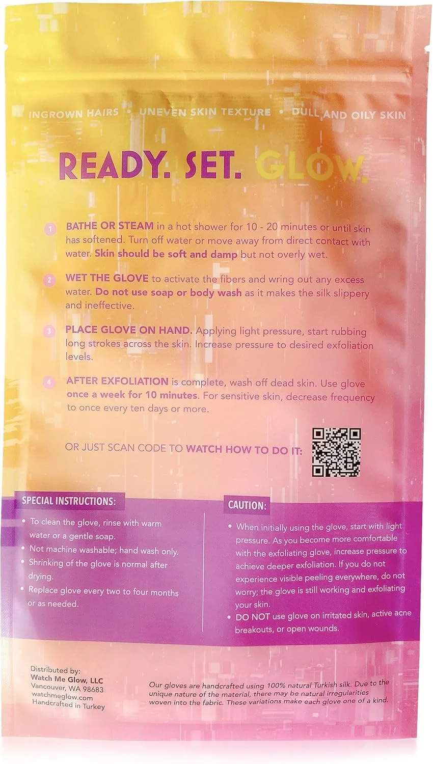 دستکش لایه بردار ابریشمی WATCH ME GLOW، ساخته شده از 100% ابریشم ترکیه، لایه برداری عمیق بدن، از بین برنده پوست مرده، صاف کننده پوست و از بین برنده کراتوز پیلاریس