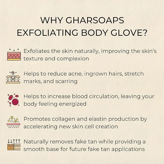 دستکش لایه بردار پوست بدن برای از بین بردن پوست مرده از Ghar Soaps | لیف برای زنان و مردان | ملایم روی پوست | استفاده آسان | دستکش اسکراب | از بین بردن سلول های مرده پوست، جوش های سرسیاه و آلودگی ها، پایدار دستکش لایه بردار پوست بدن برای از بین بردن پوست مرده از Ghar Soaps | لیف برای زنان و مردان | ملایم روی پوست | استفاده آسان | دستکش اسکراب | از بین بردن سلول های مرده پوست، جوش های سرسیاه و آلودگی ها، پایدار